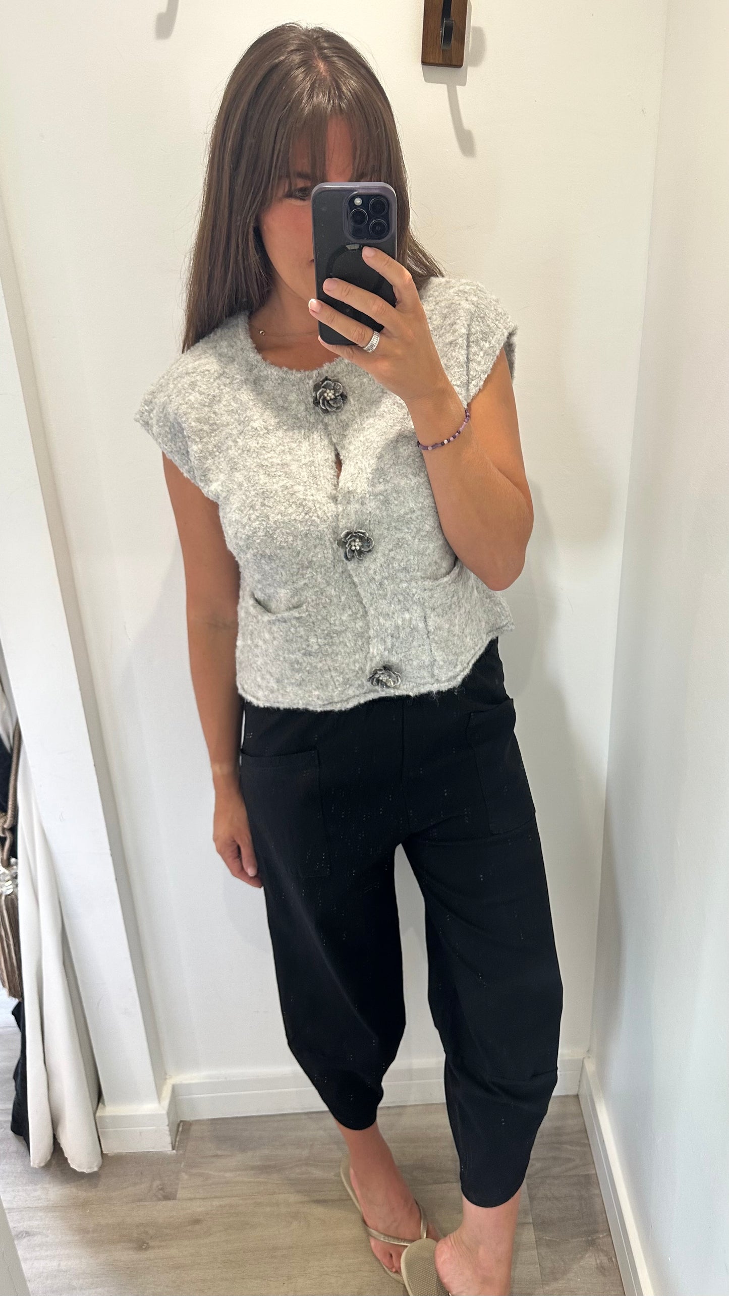 CAP SLEEVE BOUCLE-STYLE WAISTCOAT TOP WITH FLOWER BUTTONS