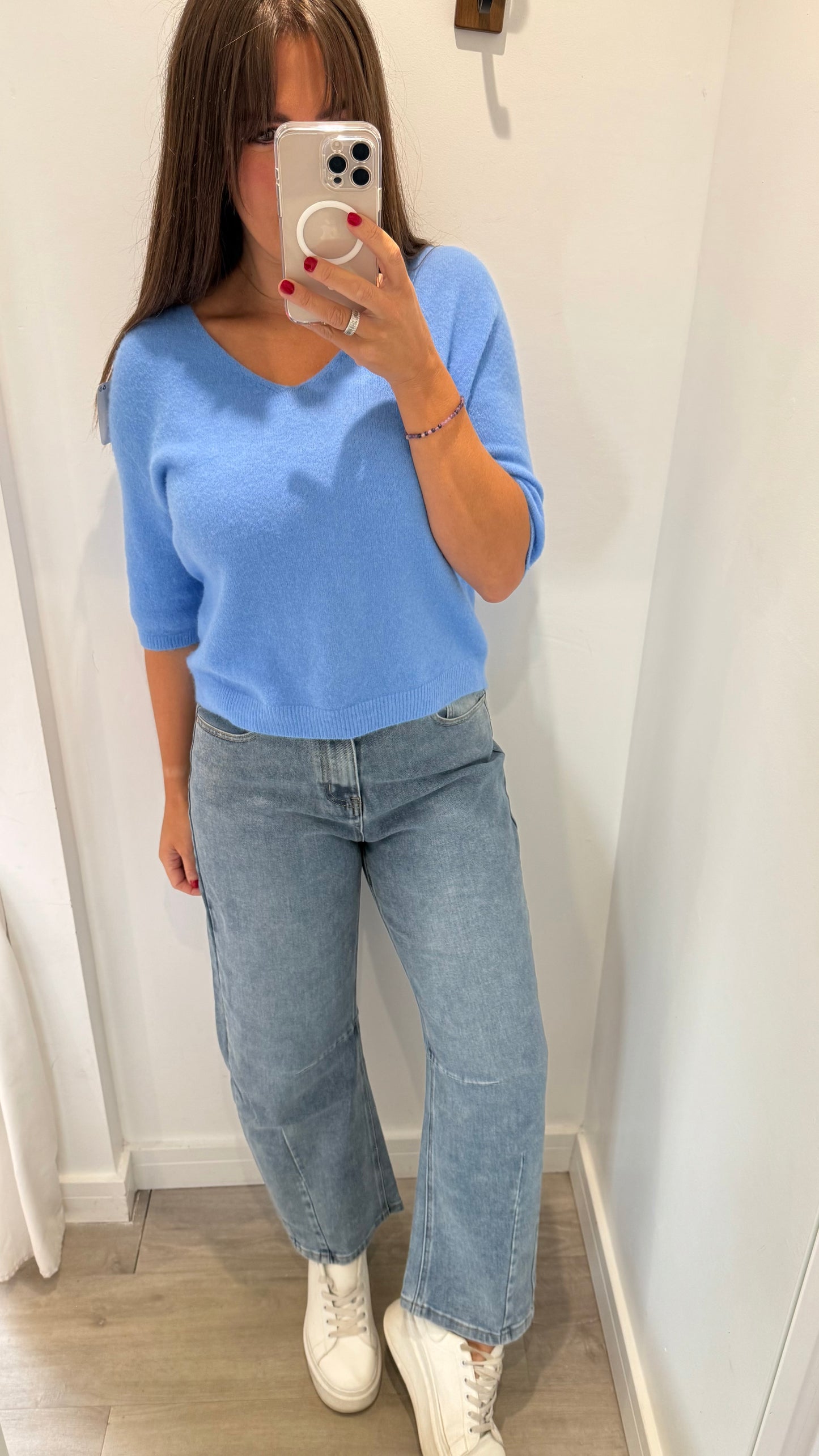 CORNFLOUR BLUE V-NECK ELBOW SLEEVE KNIT