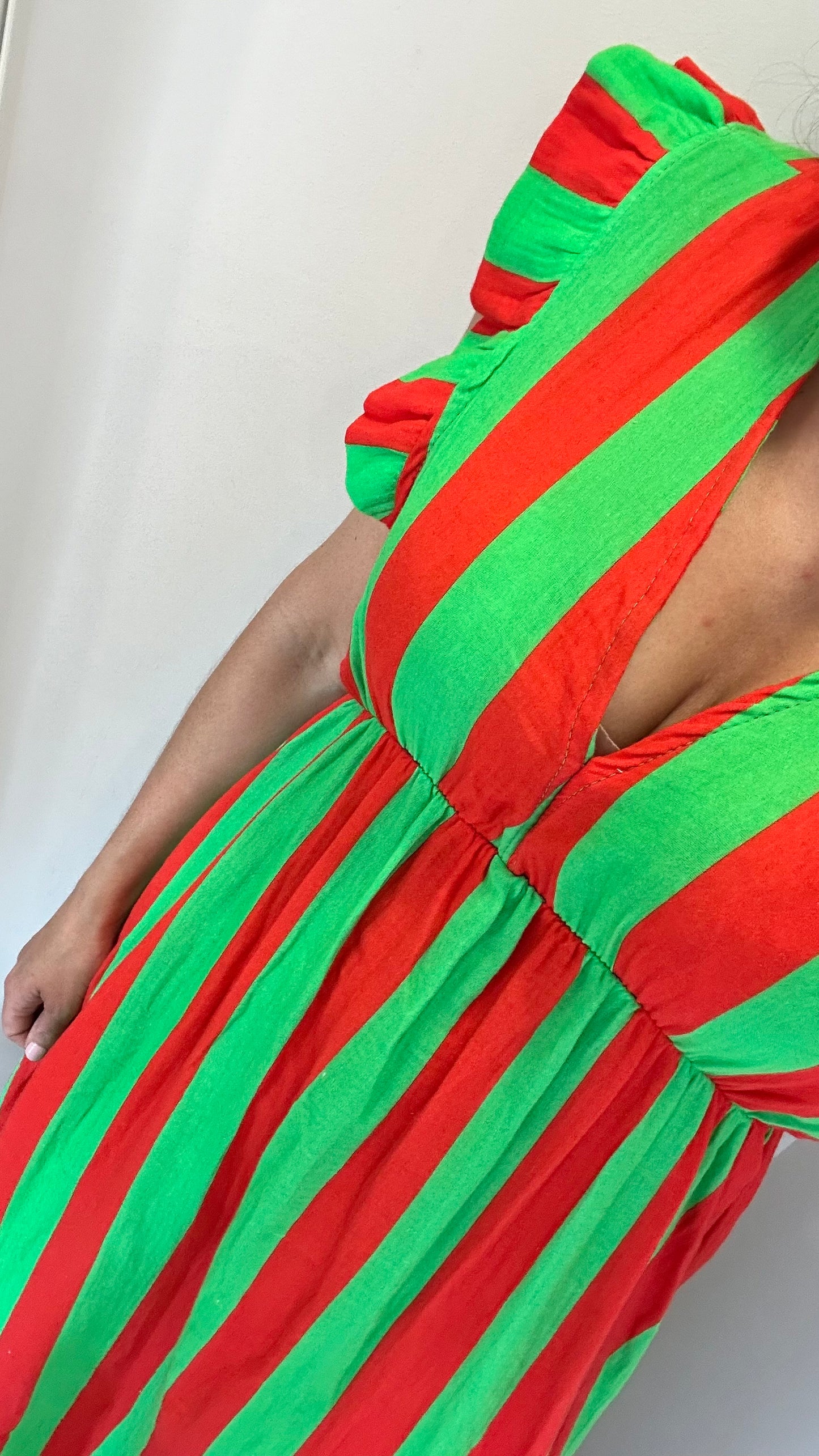 RED AND GREEN STRIPE CHEESECLOTH MIDI DRESS