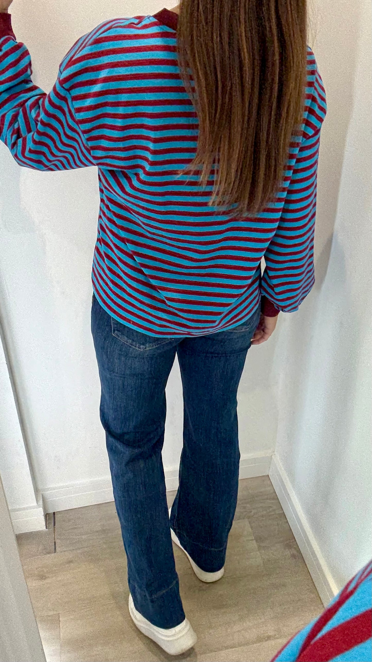 MERLOT AND BLUE STRIPE CREW SWEAT TOP