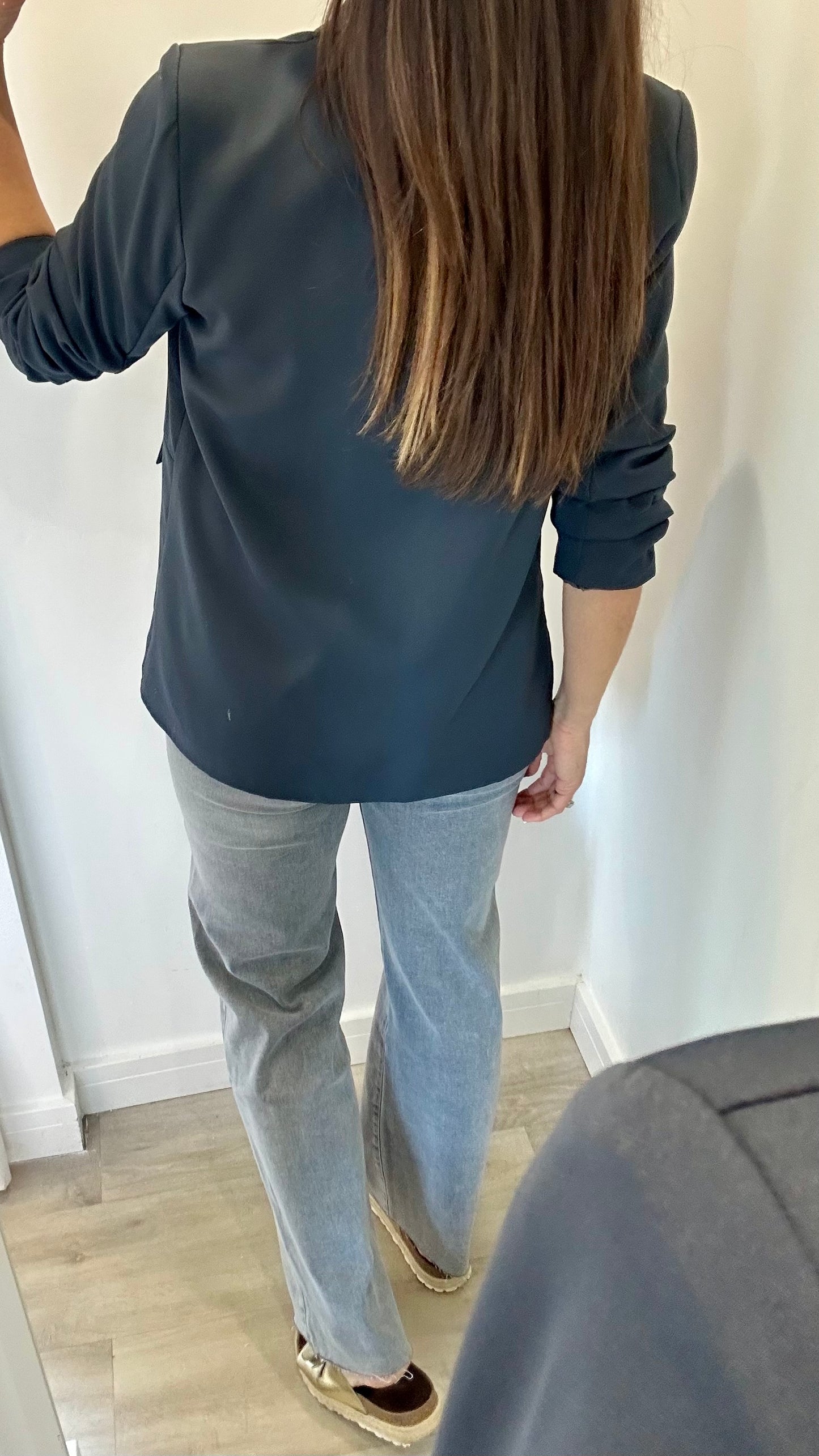 CHARCOAL GREY RUCHED SLEEVE BLAZER