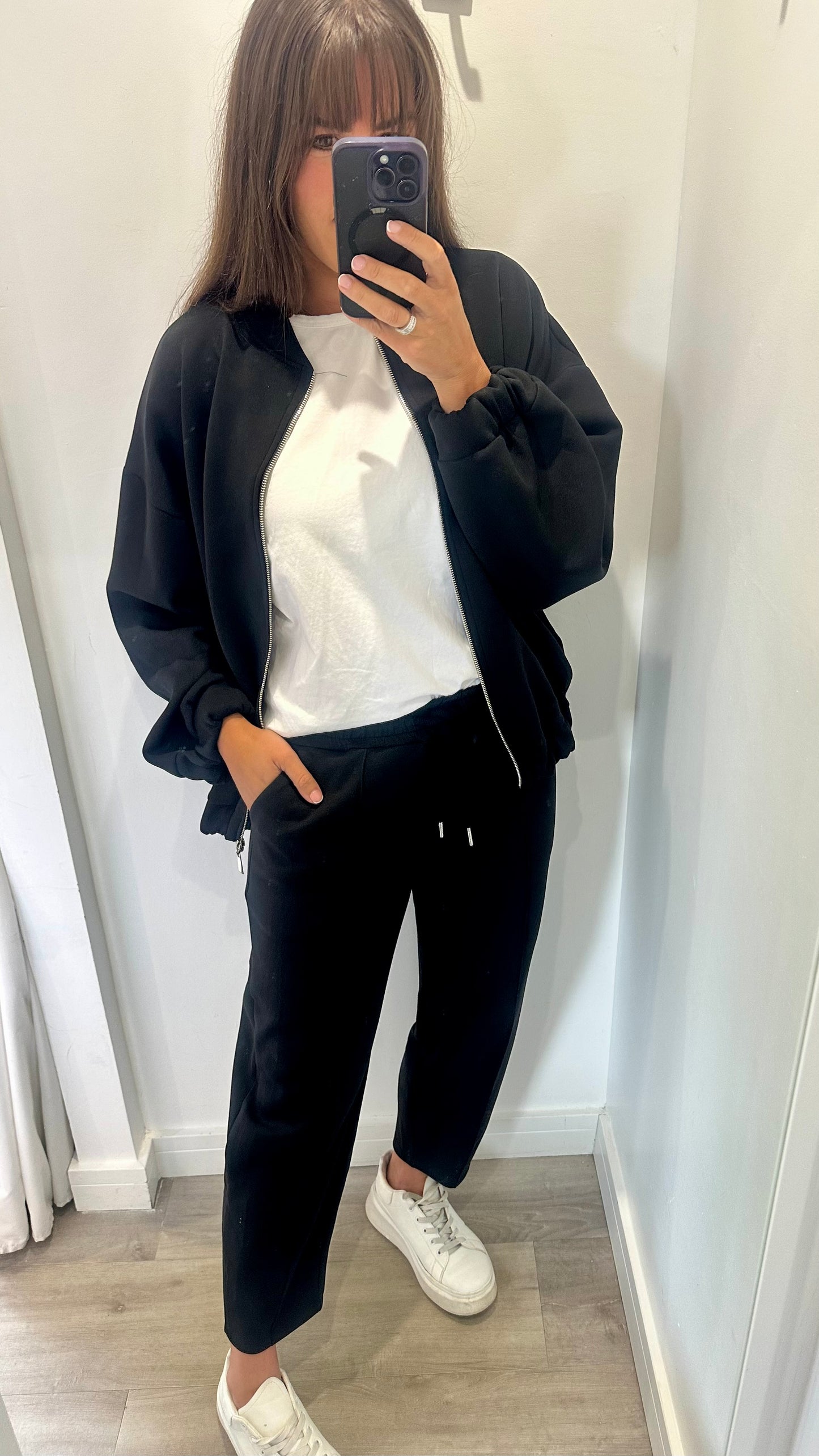 BLACK COLLARLESS ZIP JACKET & BALLOON TROUSER CO-ORD
