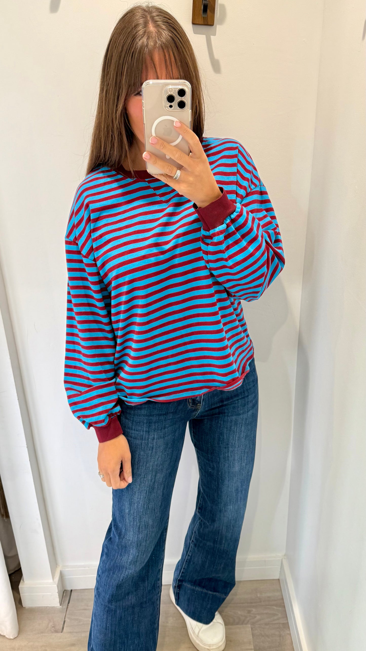 MERLOT AND BLUE STRIPE CREW SWEAT TOP