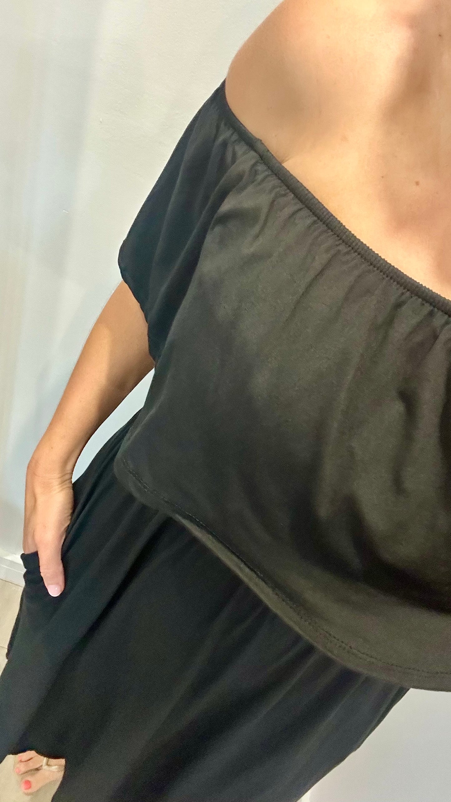 BLACK JERSEY BARDOT MIDI DRESS