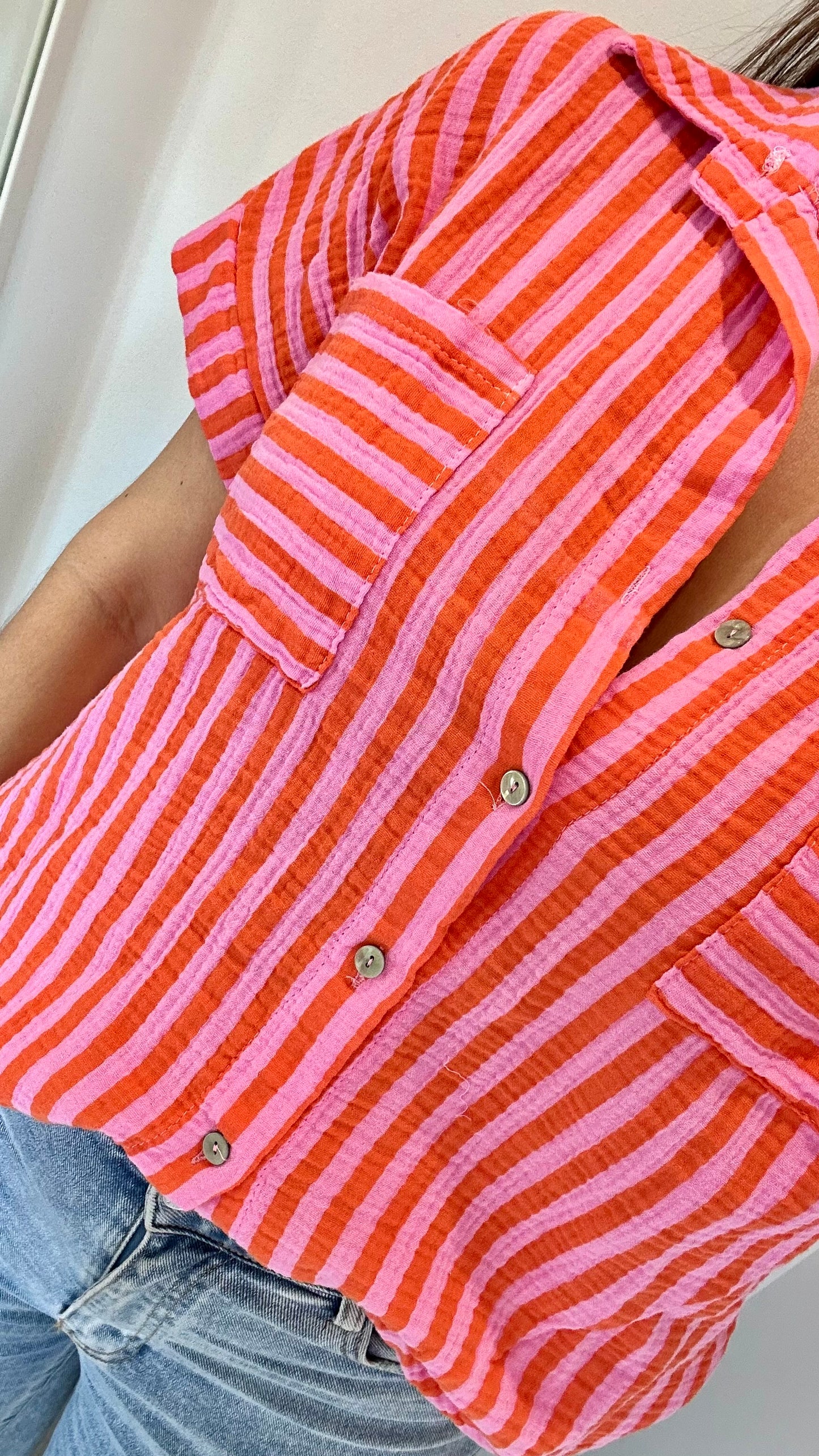 PINK AND RED STRIPE CHEESECLOTH SHORT SLEEVE SHIRT