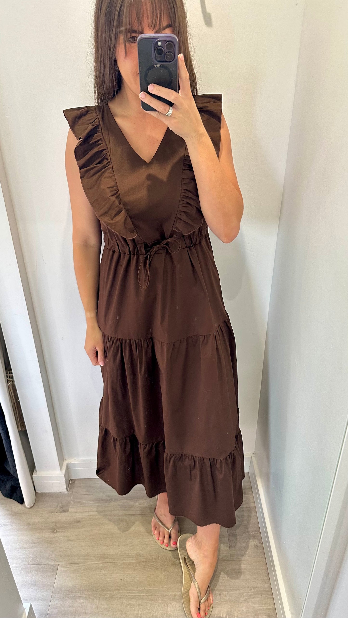 BROWN JET TIERED COTTON MAXI DRESS