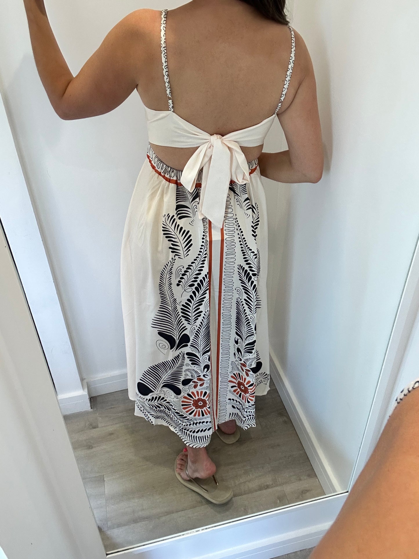 WHITE MAXI DRESS WITH BLACK LEAF PRINT & CORAL TRIM