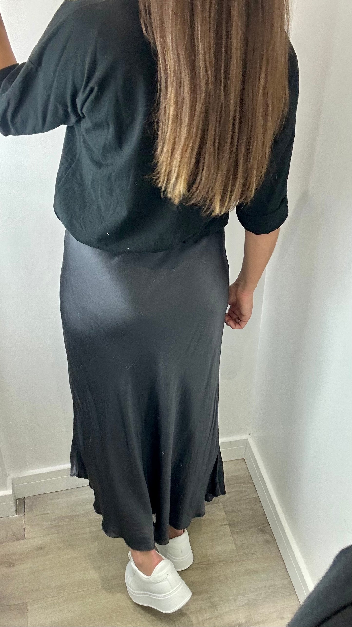 CHARCOAL SATIN SKIRT