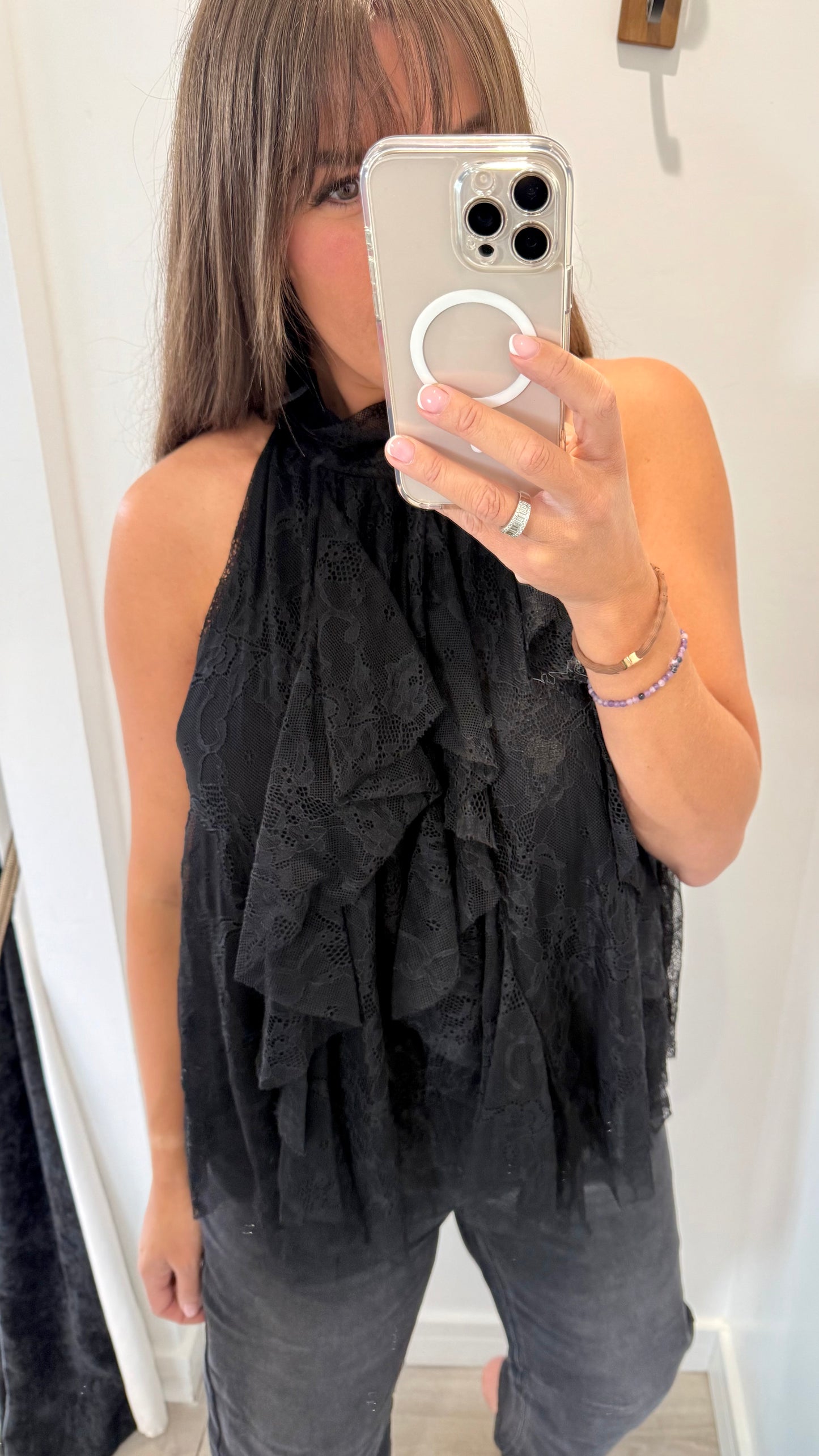 HALTERNECK LACE RUFFLE TOP