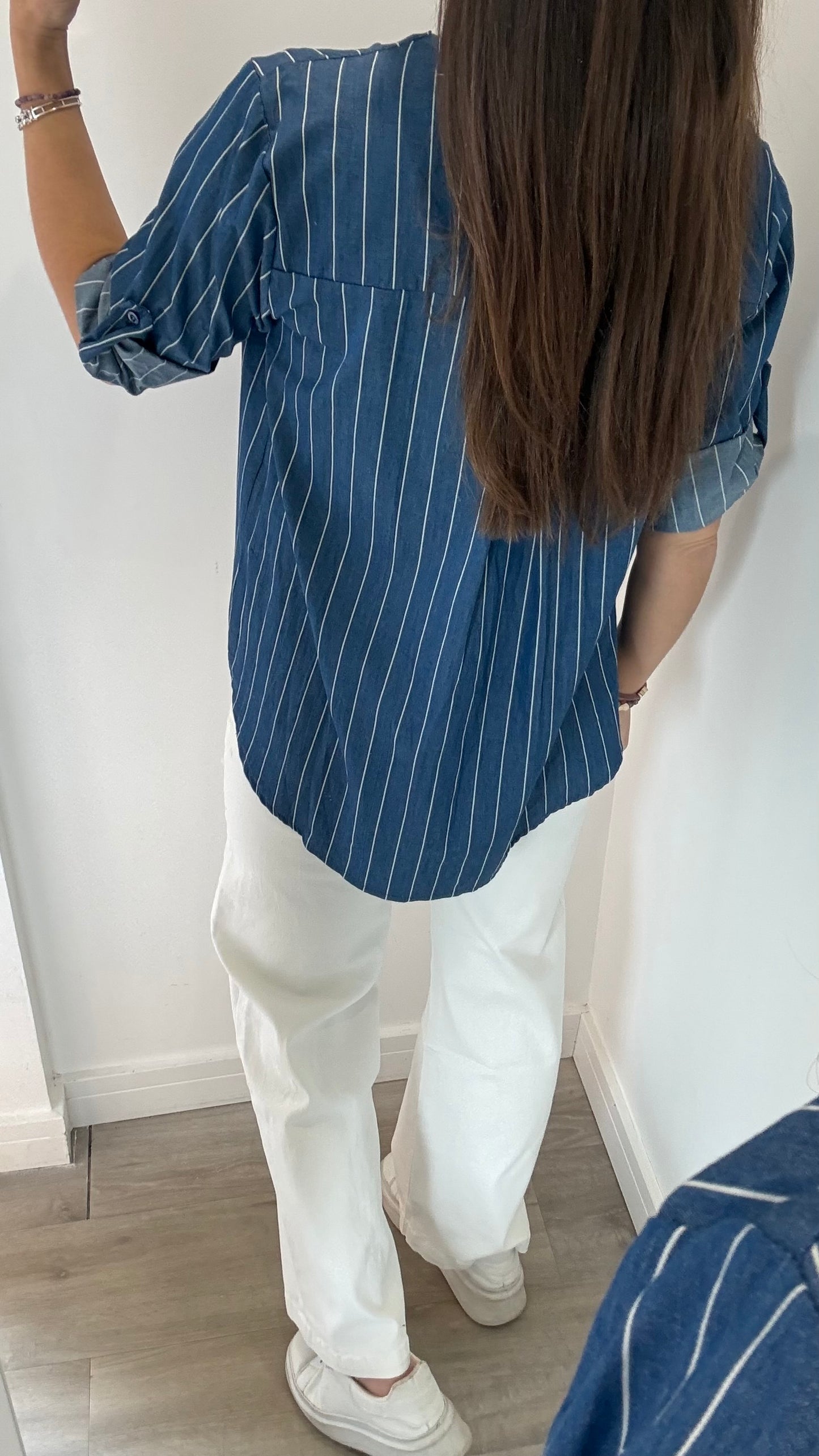 BLUE & WHITE STRIPE V-NECK TURN-UP SLEEVE TOP