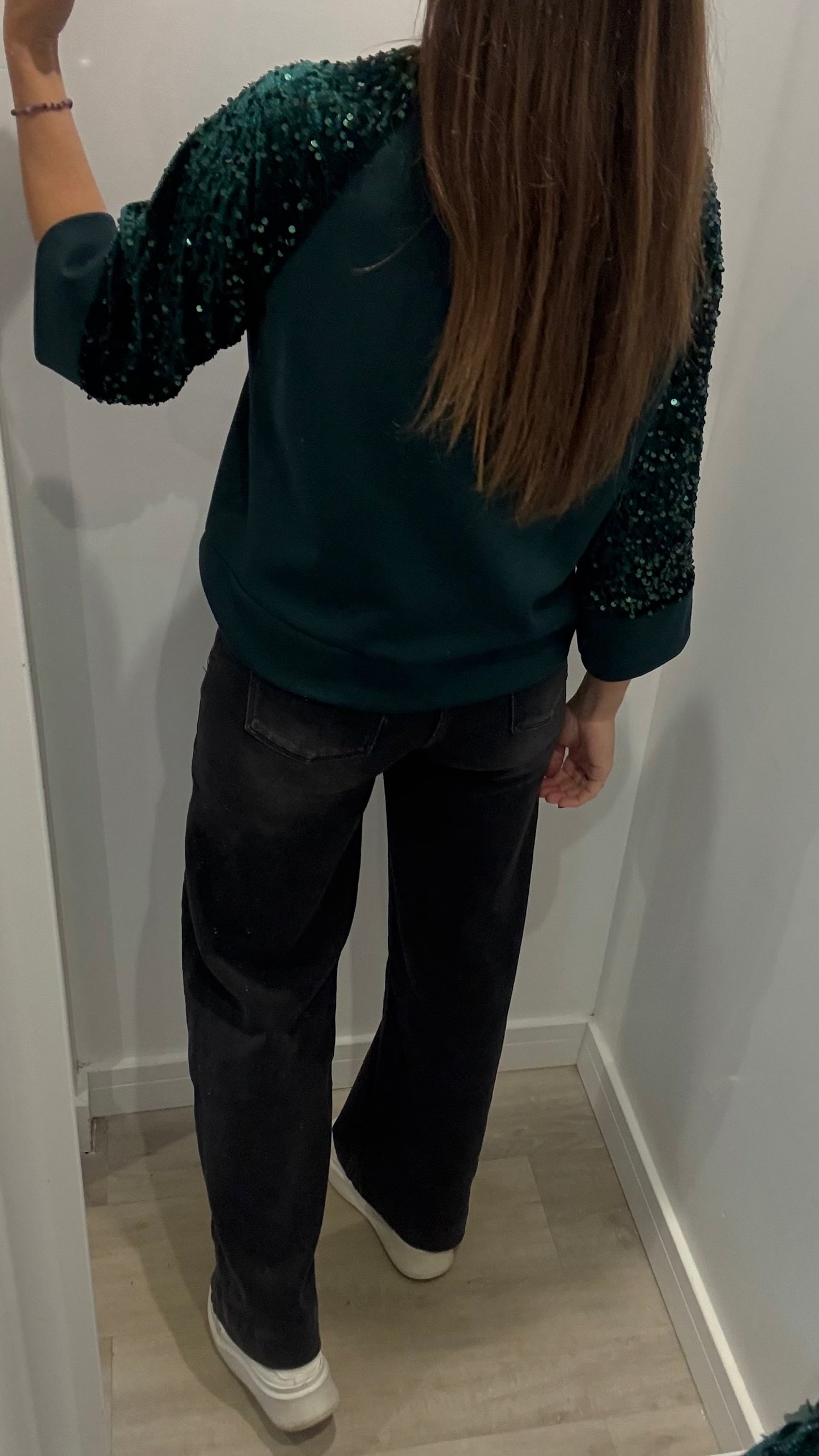 BOTTLE GREEN SEQUIN SLEEVE SWEAT TOP