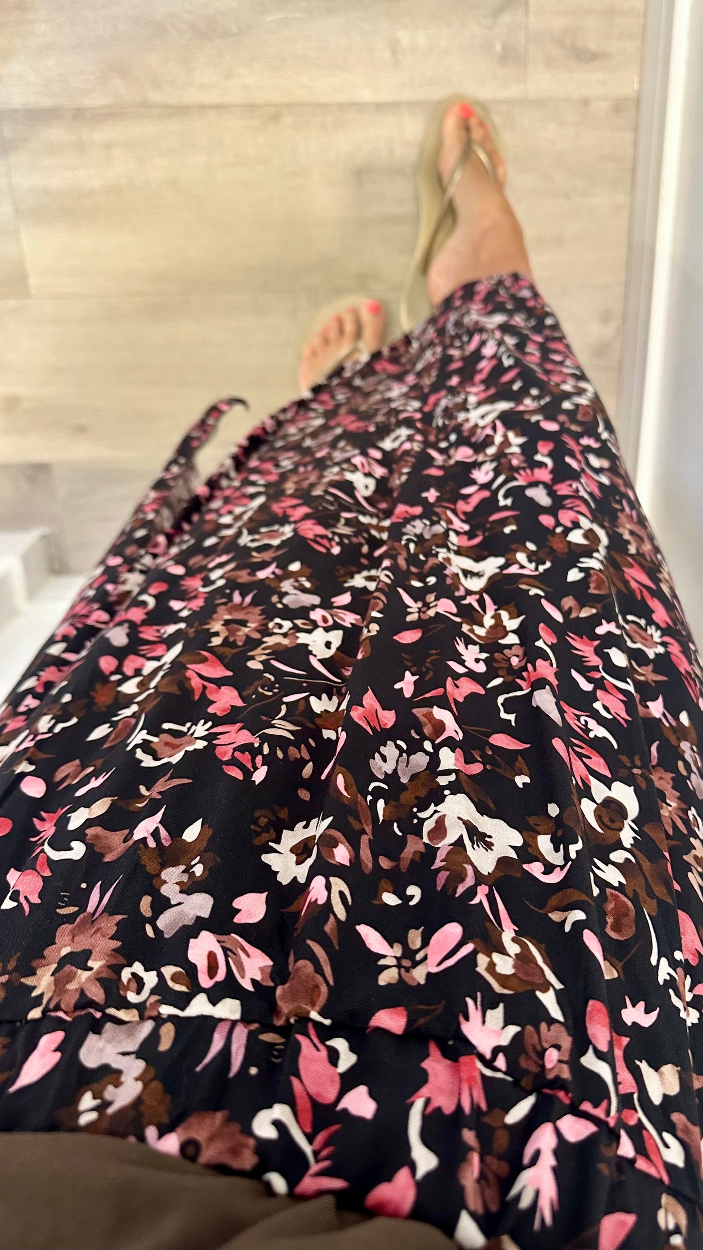 FLORAL PRINT MIDI SKIRT - BLACK WITH BLUSH AND NUDE