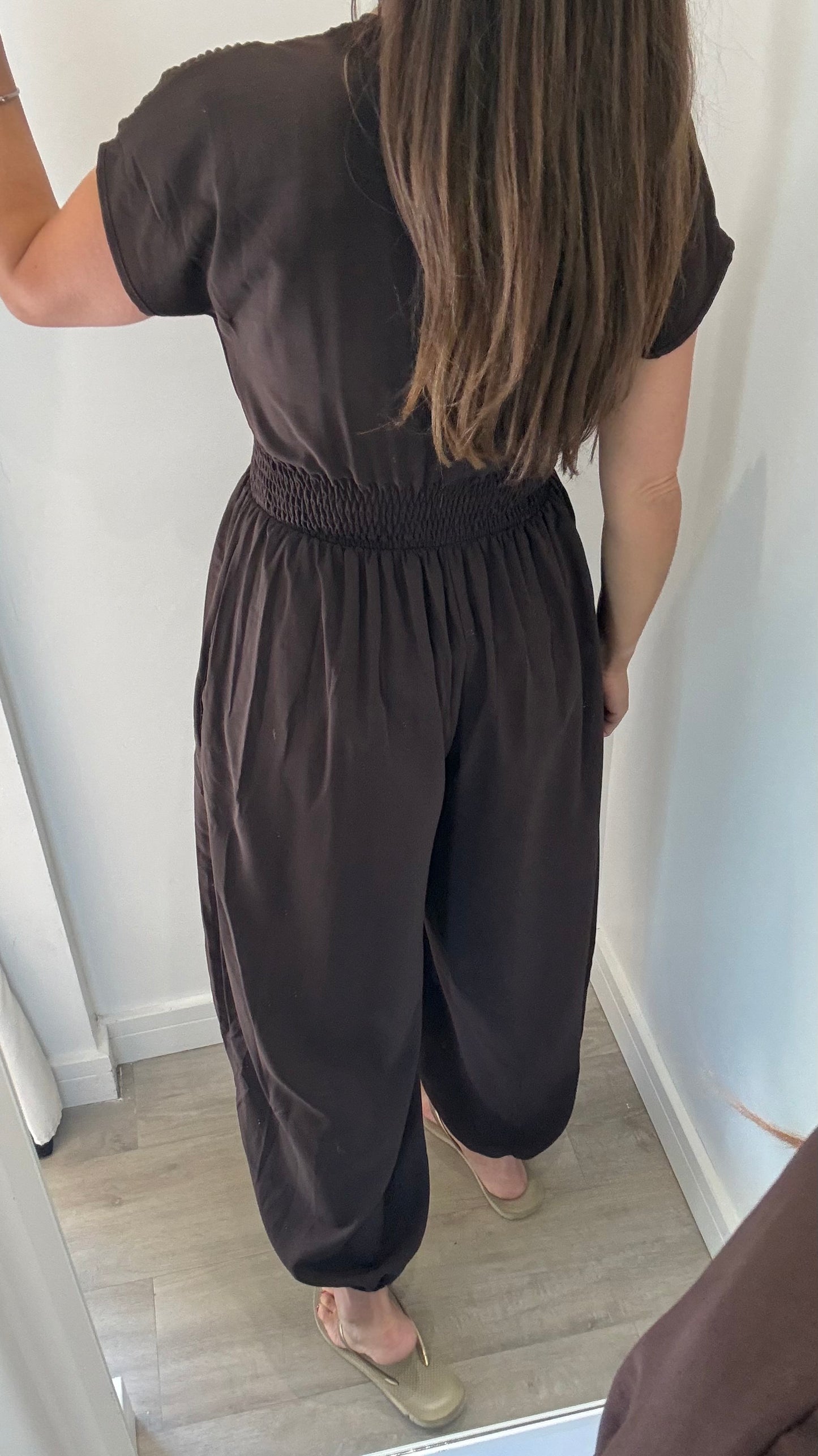 CHOCOLATE BROWN RIBBED HAREM JUMPSUIT