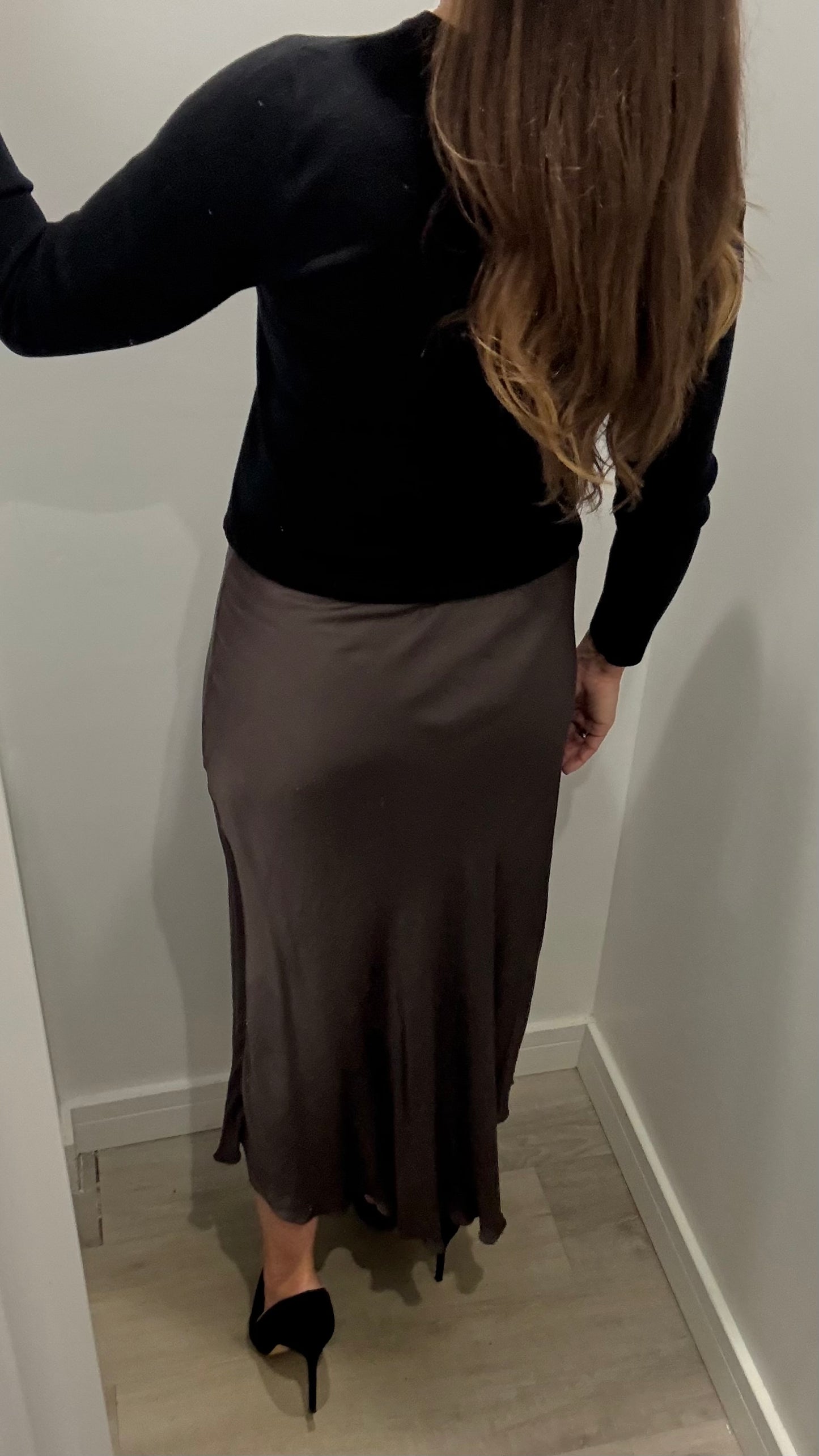 CHOCOLATE BROWN SATIN BIAS-CUT SLIP SKIRT