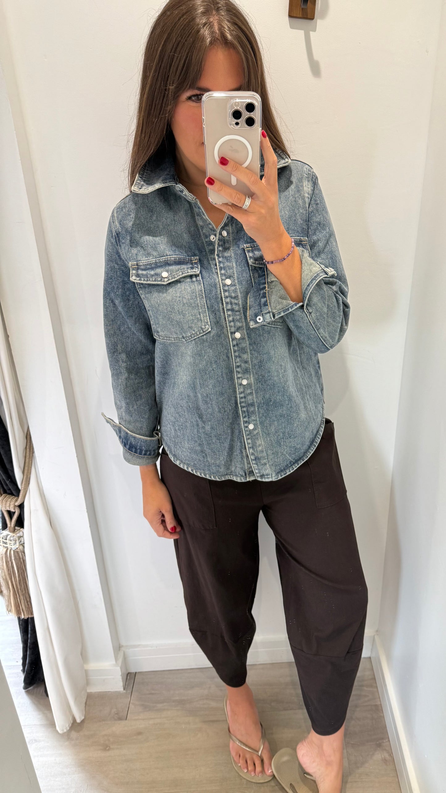 VINTAGE WASH PEARLESCENT BUTTON DENIM SHACKET