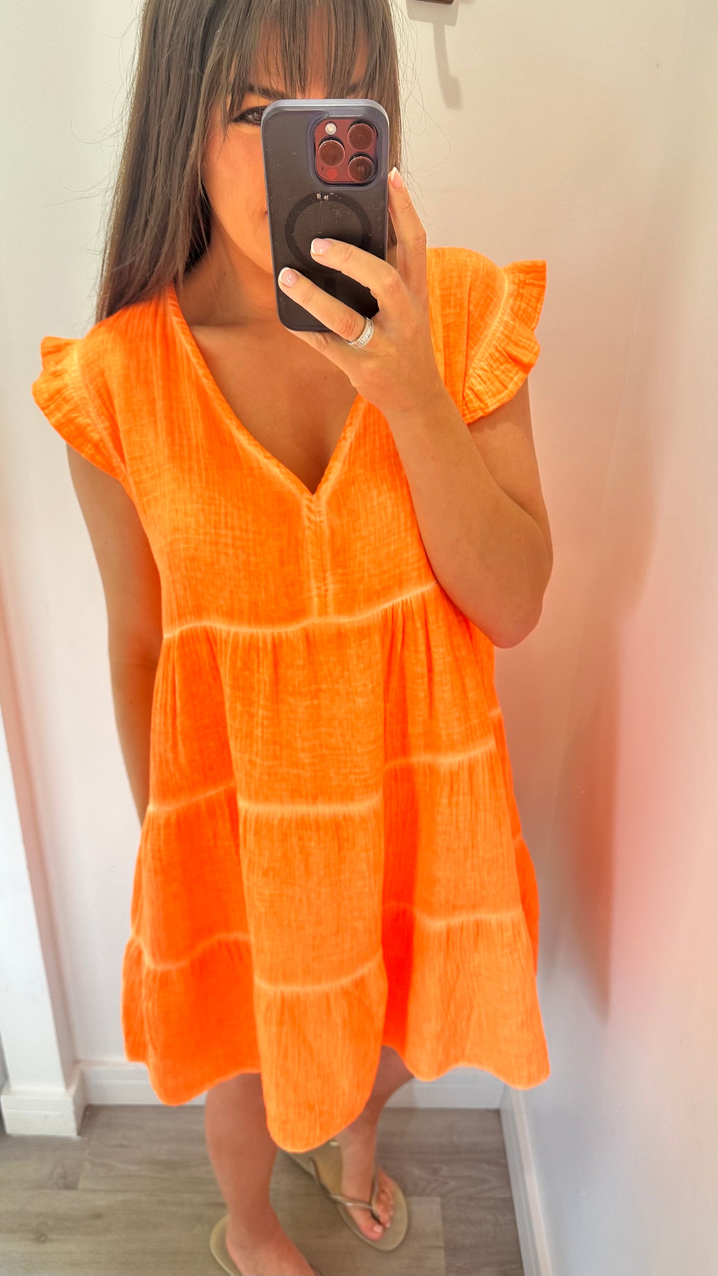 ORANGE V NECK FRILL SLEEVE TIERED CHEESECLOTH DRESS