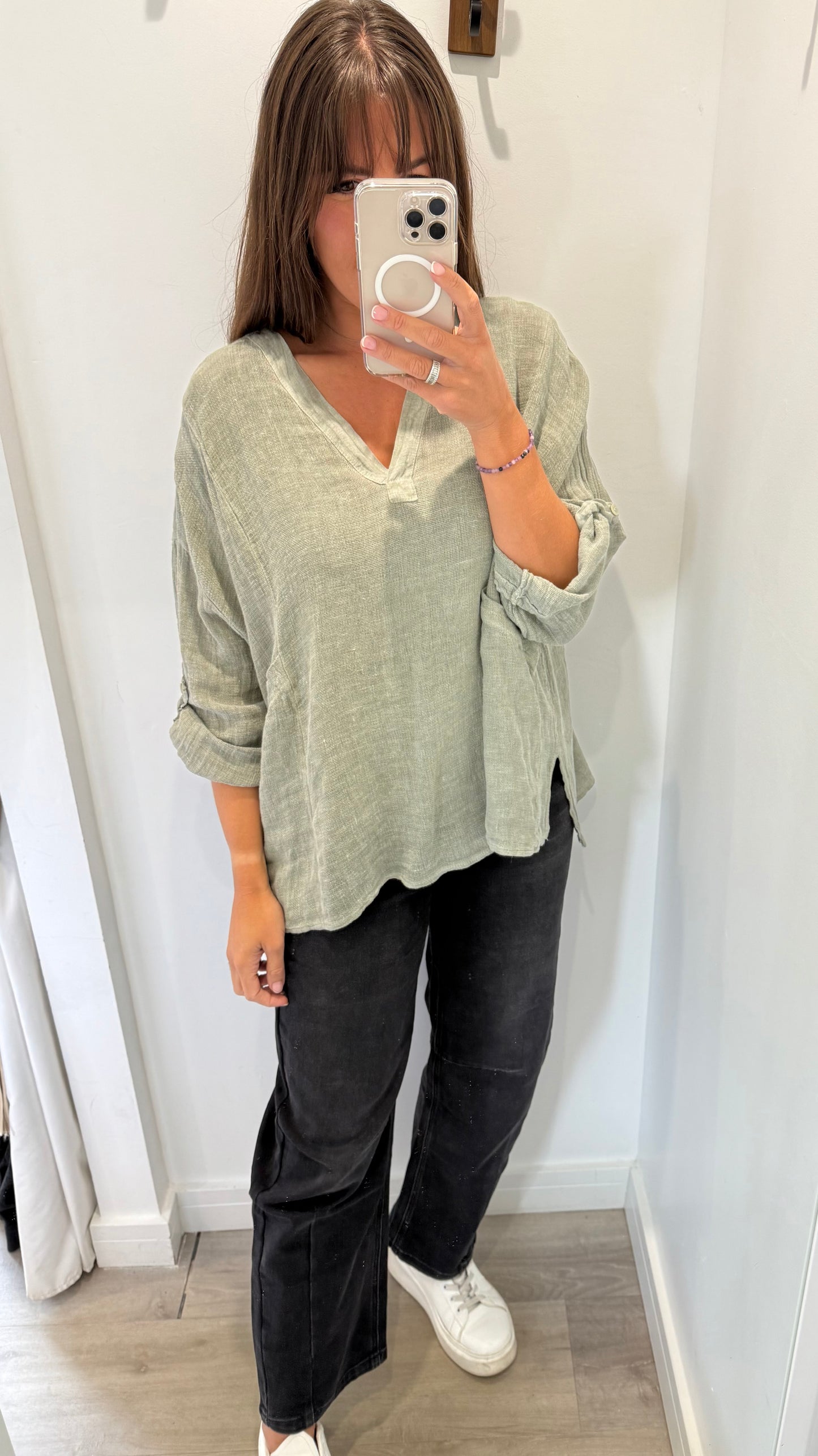 KHAKI LINEN MIX V NECK TEABAG TOP