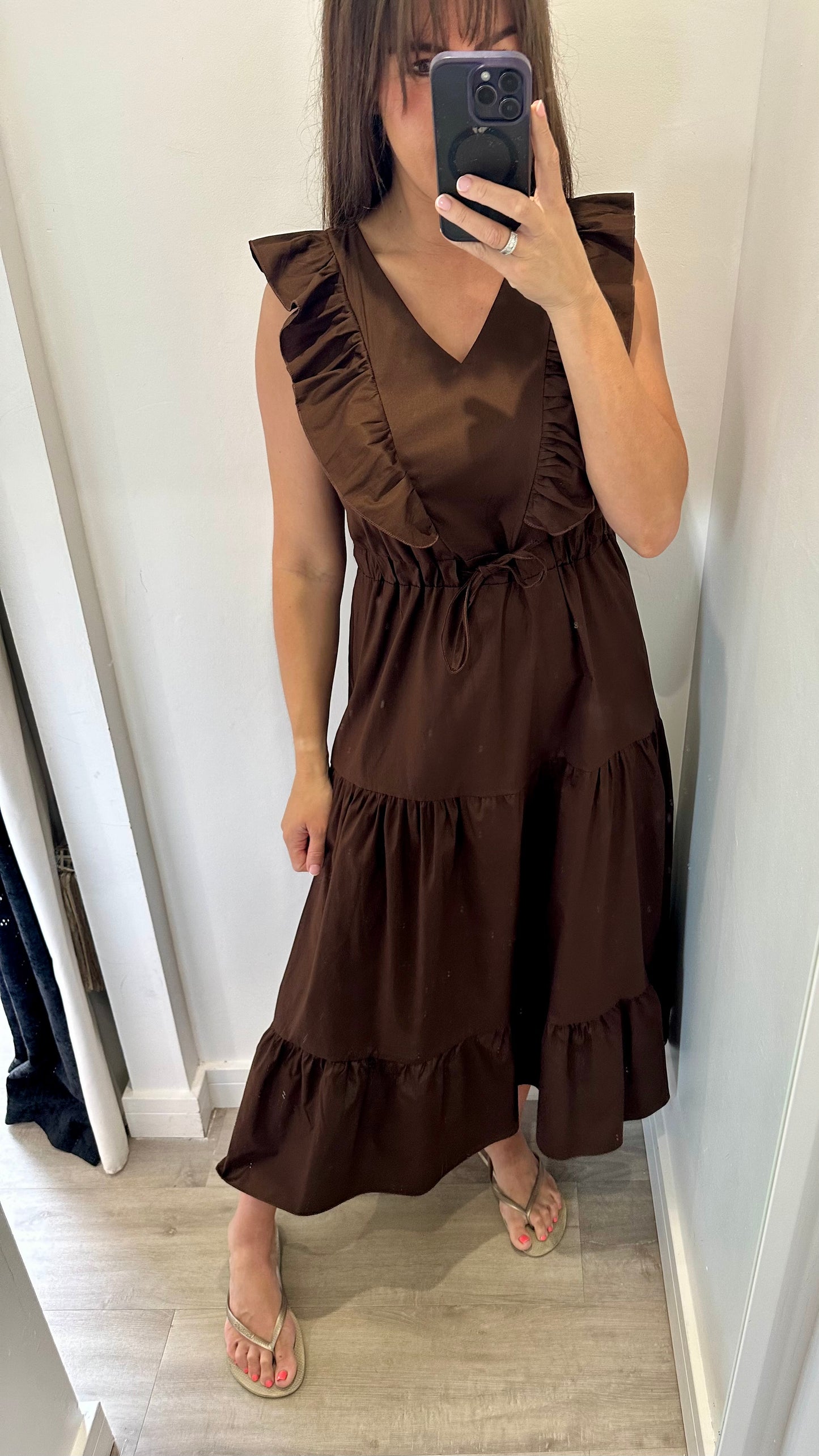 BROWN JET TIERED COTTON MAXI DRESS