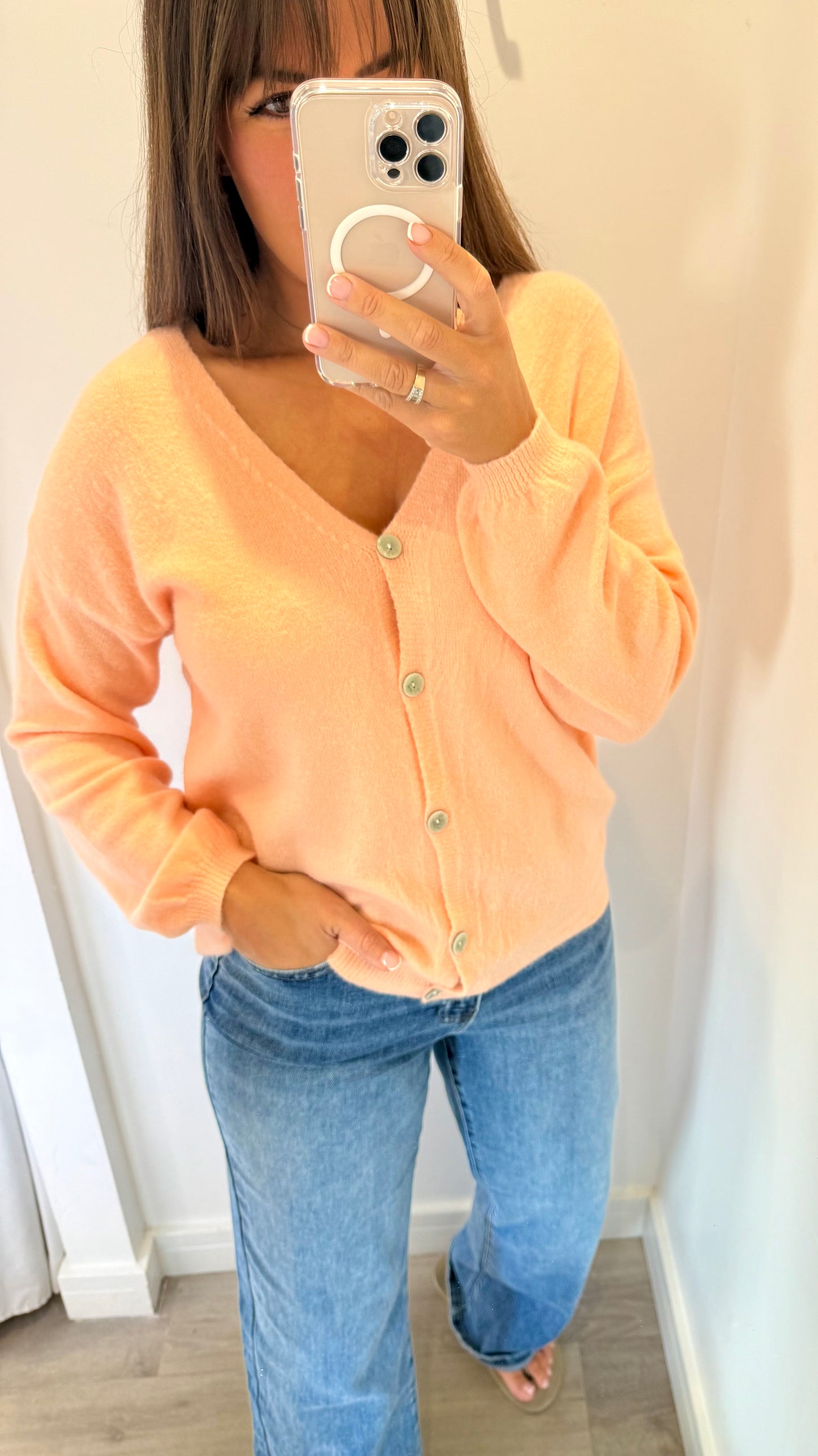 PEACH LIGHT KNIT BUTTON CARDIGAN