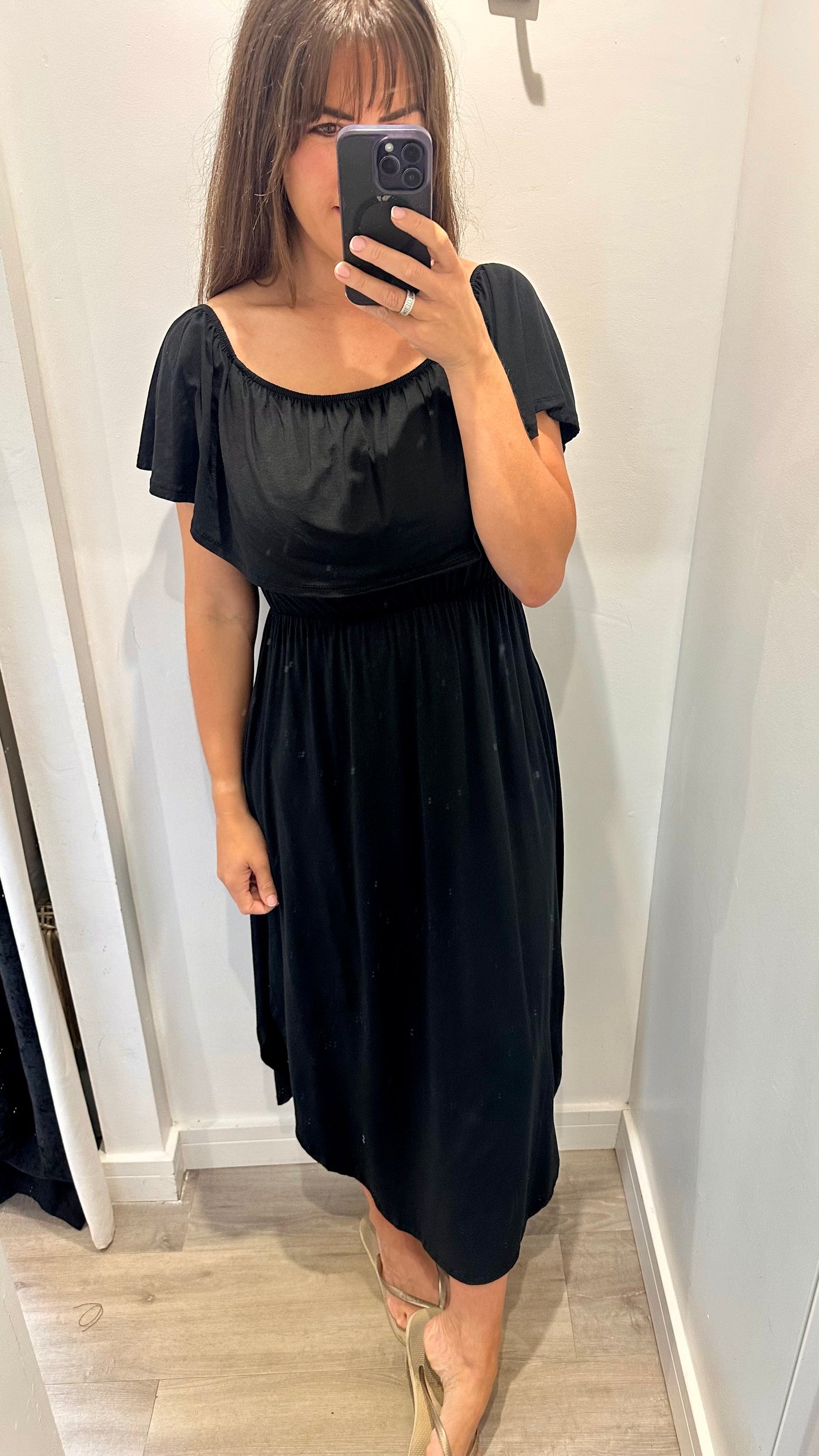 BLACK JERSEY BARDOT MIDI DRESS