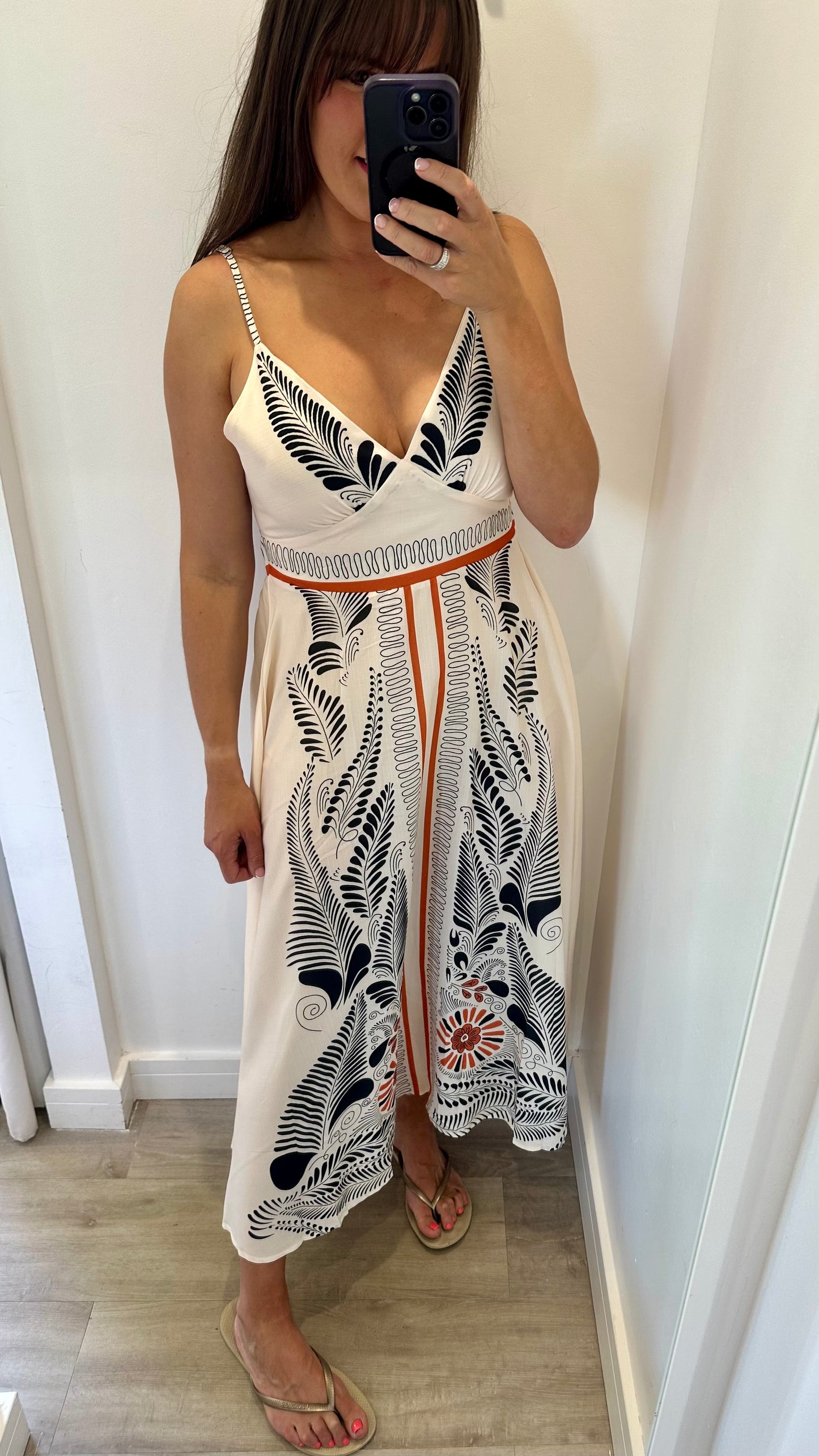 WHITE MAXI DRESS WITH BLACK LEAF PRINT & CORAL TRIM