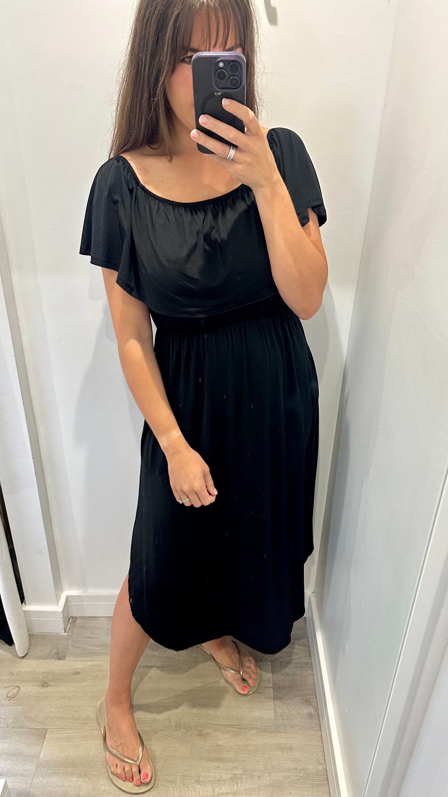 BLACK JERSEY BARDOT MIDI DRESS