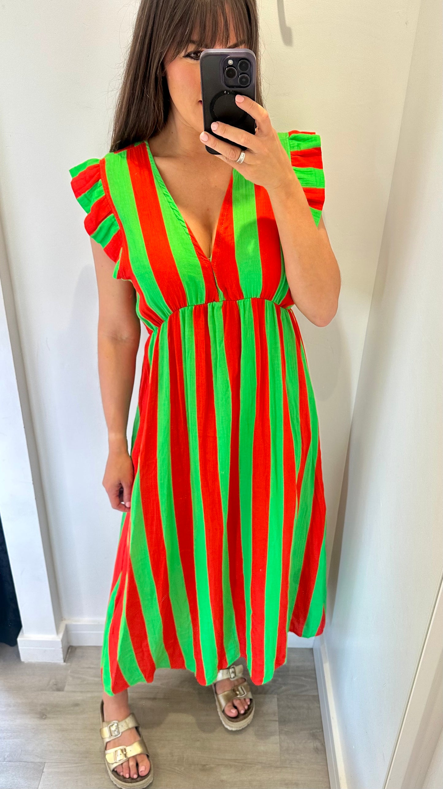 RED AND GREEN STRIPE CHEESECLOTH MIDI DRESS