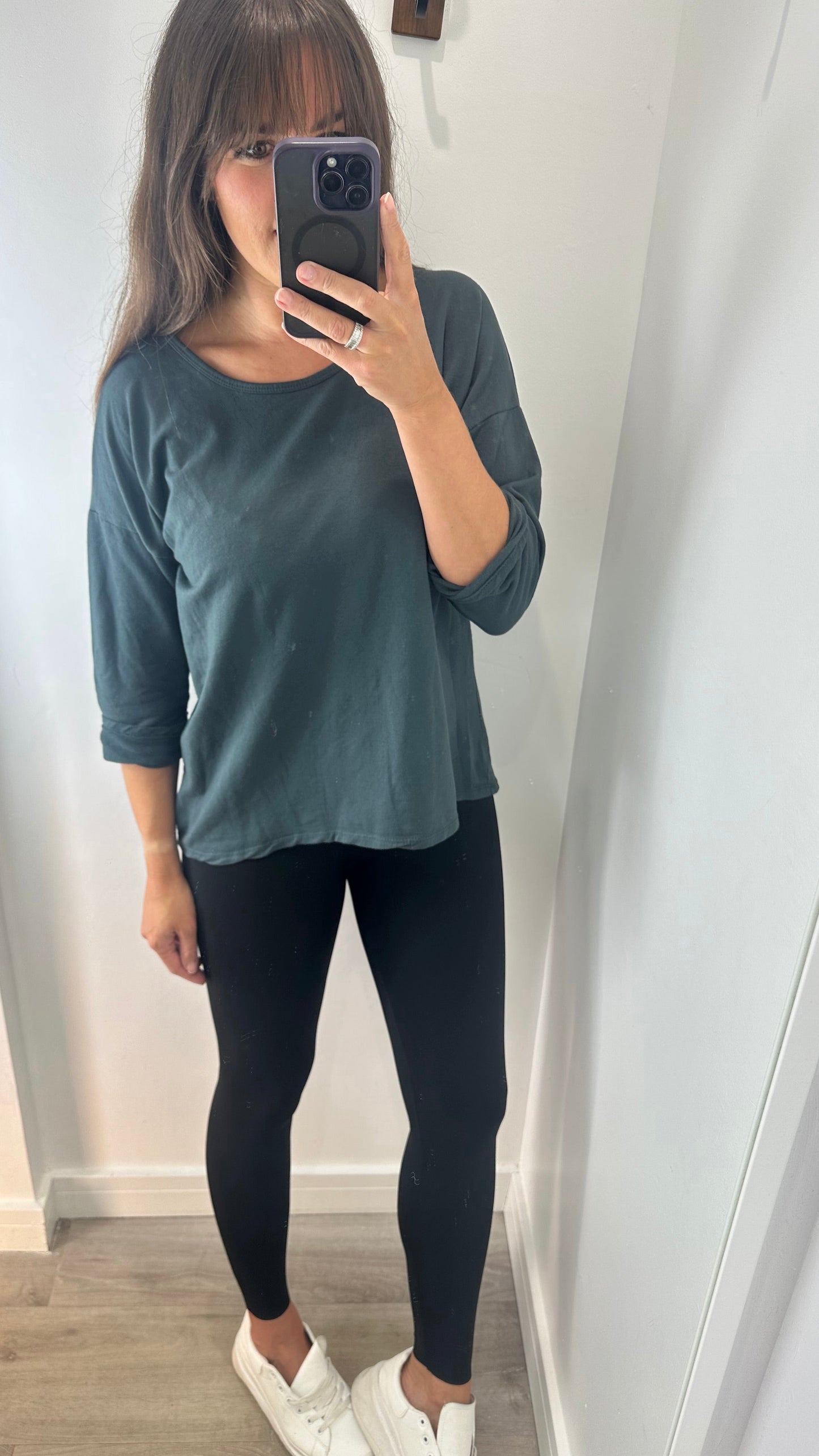 CHARCOAL ROLL SLEEVE SWEAT TOP