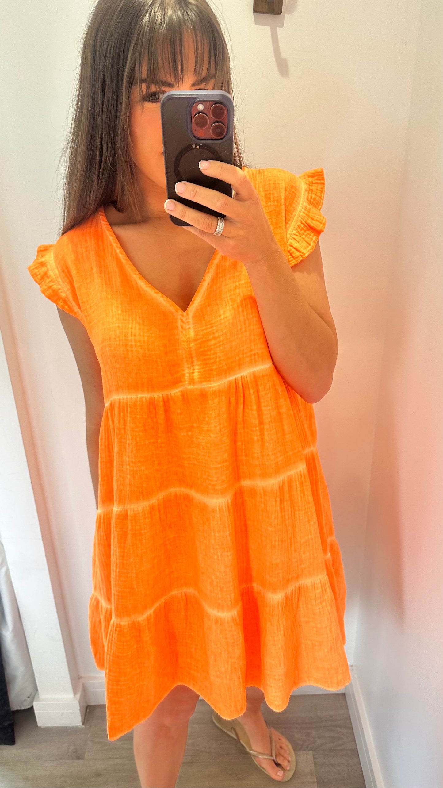 ORANGE V NECK FRILL SLEEVE TIERED CHEESECLOTH DRESS