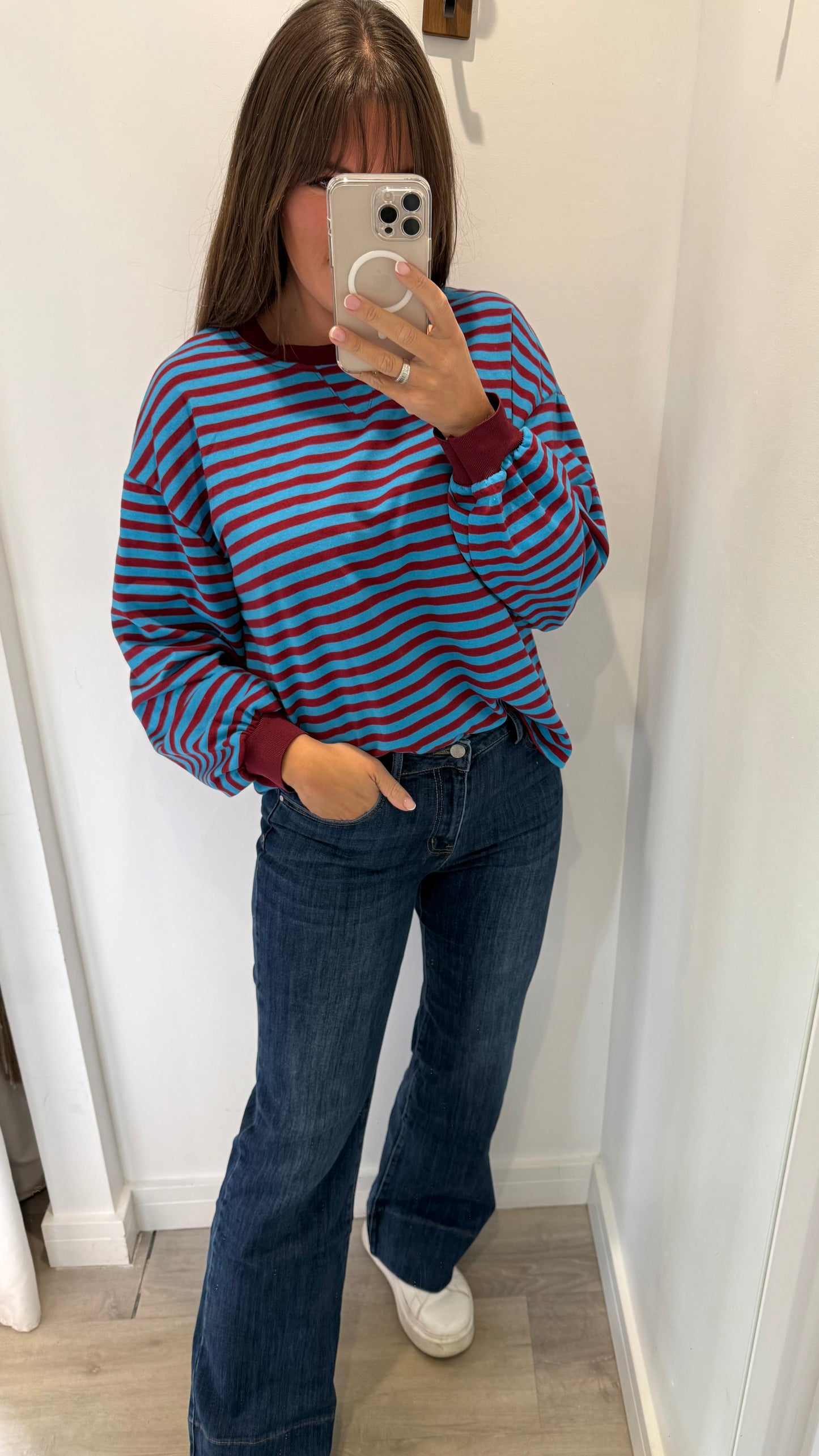 MERLOT AND BLUE STRIPE CREW SWEAT TOP