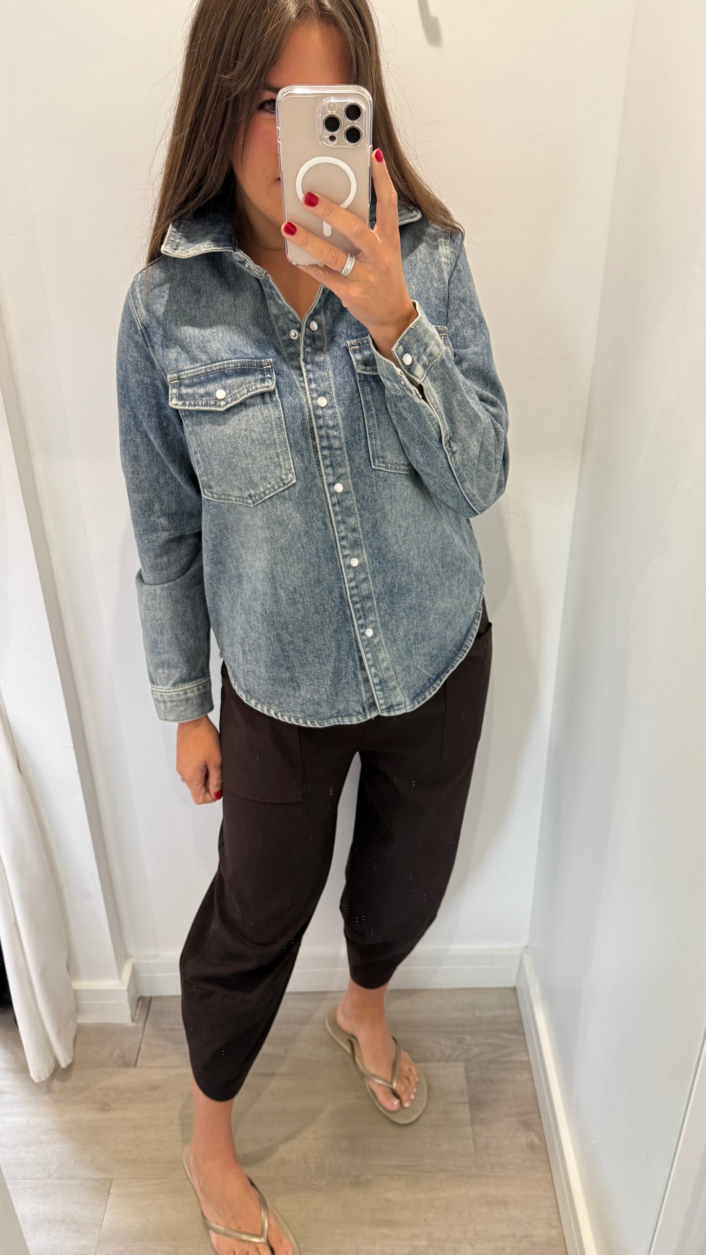 VINTAGE WASH PEARLESCENT BUTTON DENIM SHACKET