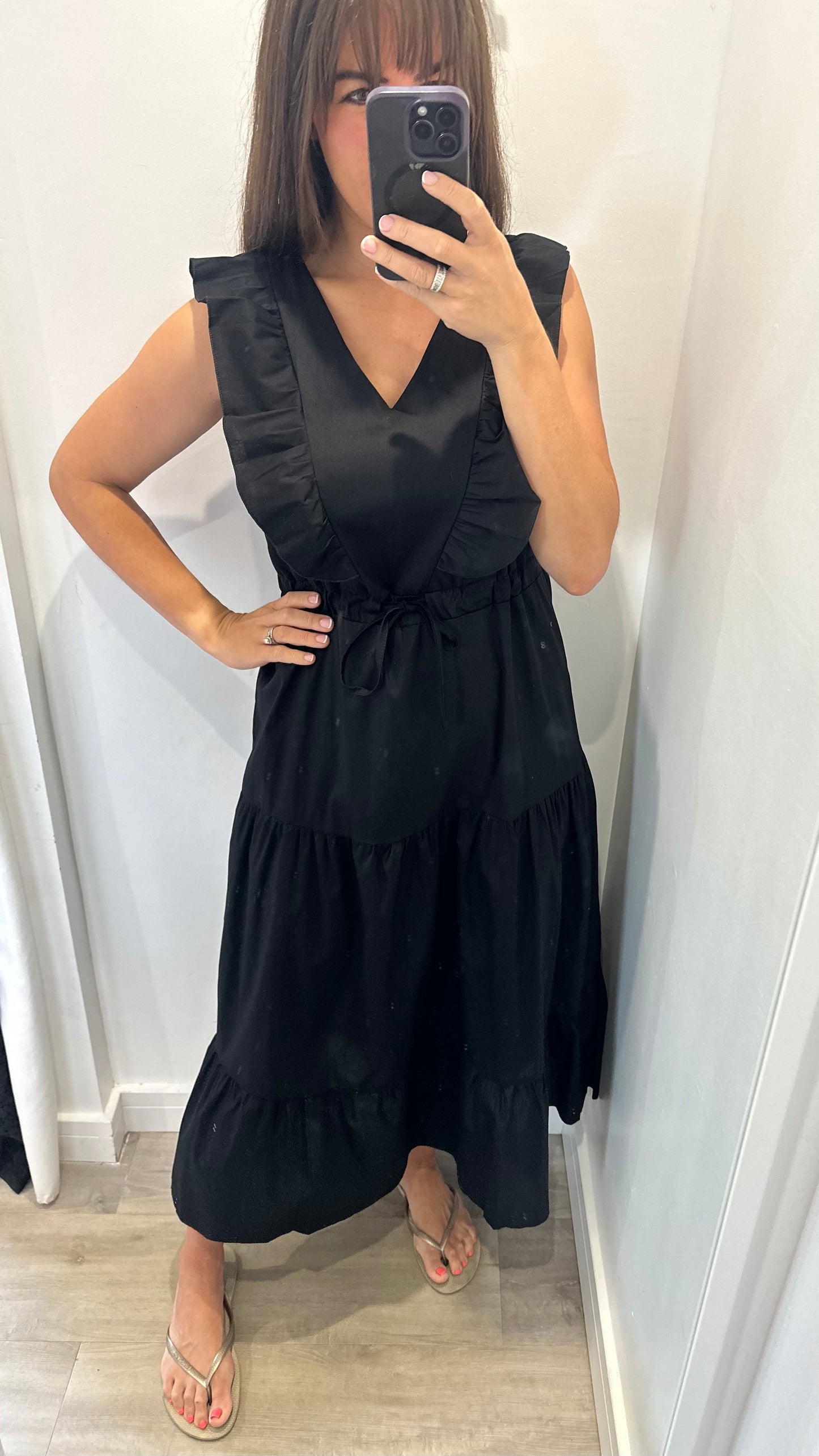 BLACK JET TIERED COTTON MAXI DRESS