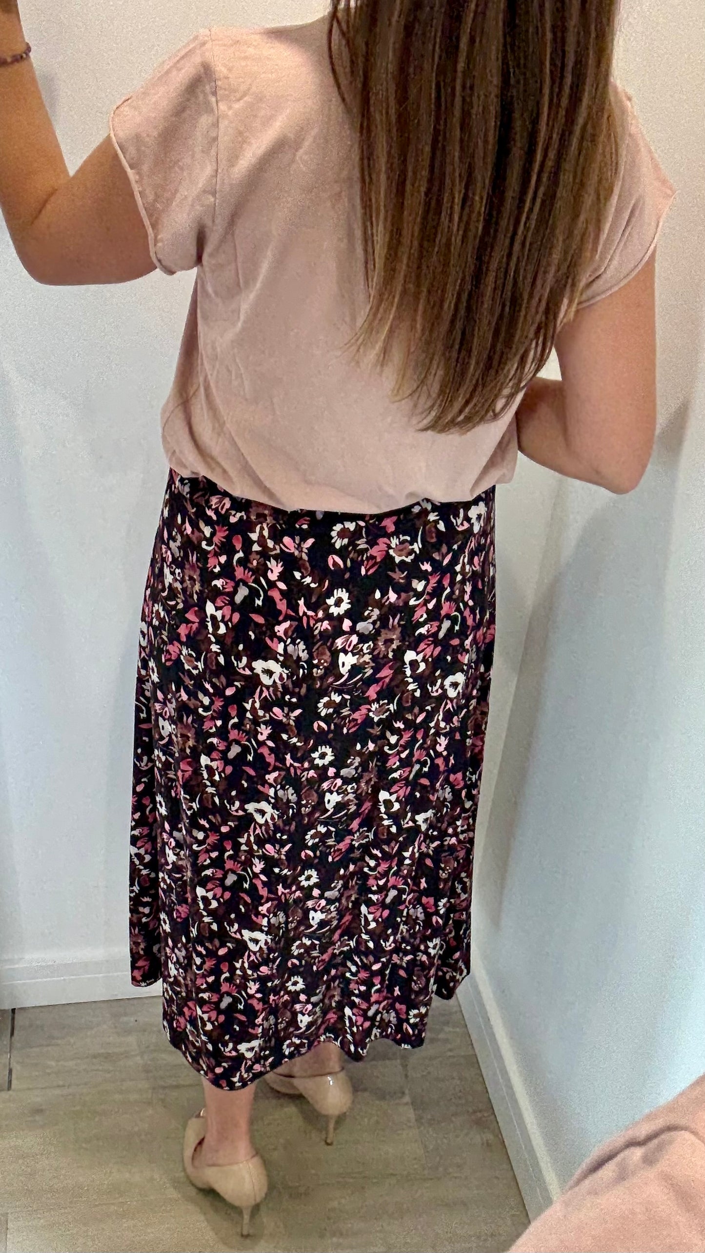 FLORAL PRINT MIDI SKIRT - BLACK WITH BLUSH AND NUDE