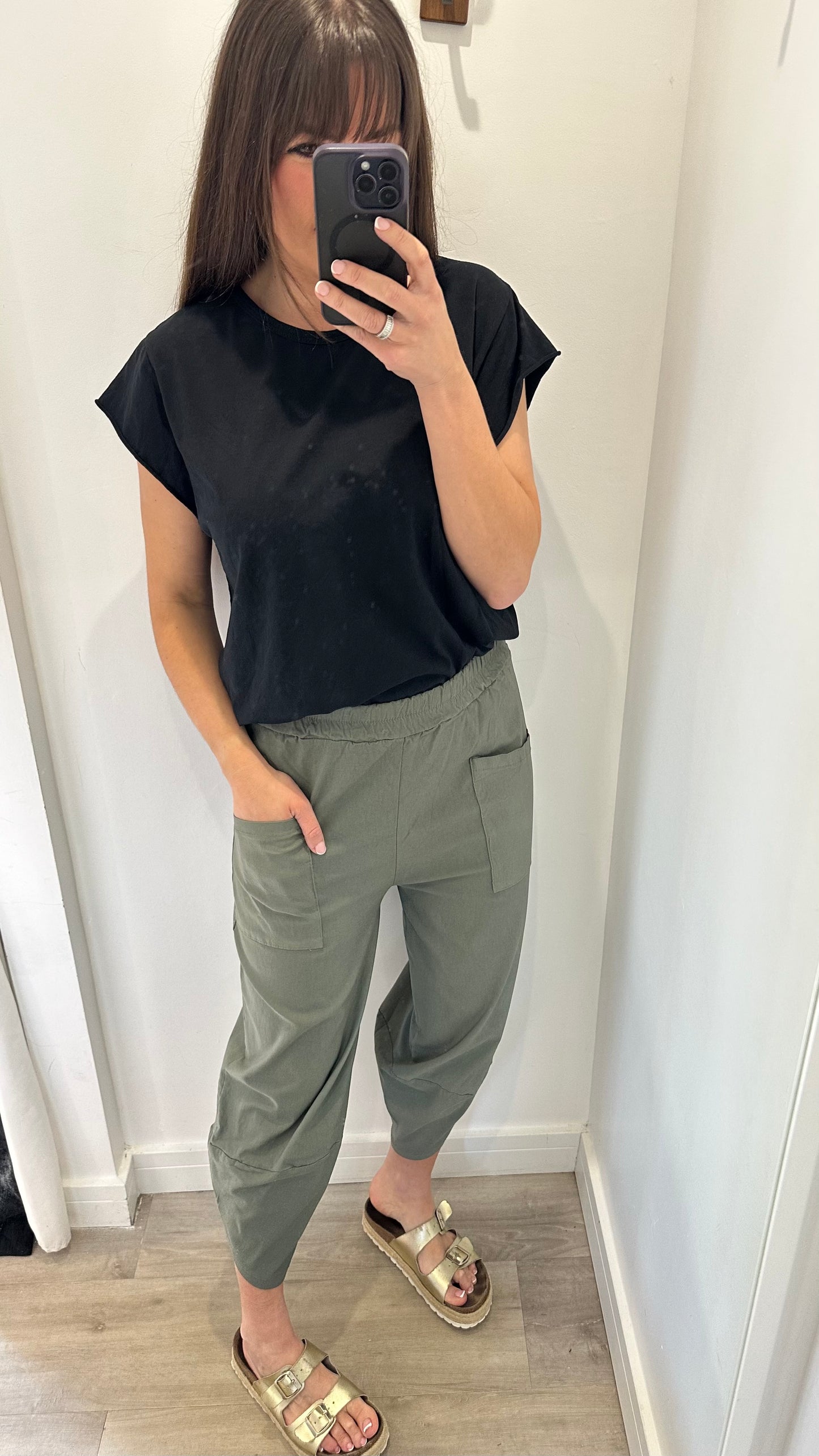 KHAKI CROPPED POCKET TROUSERS