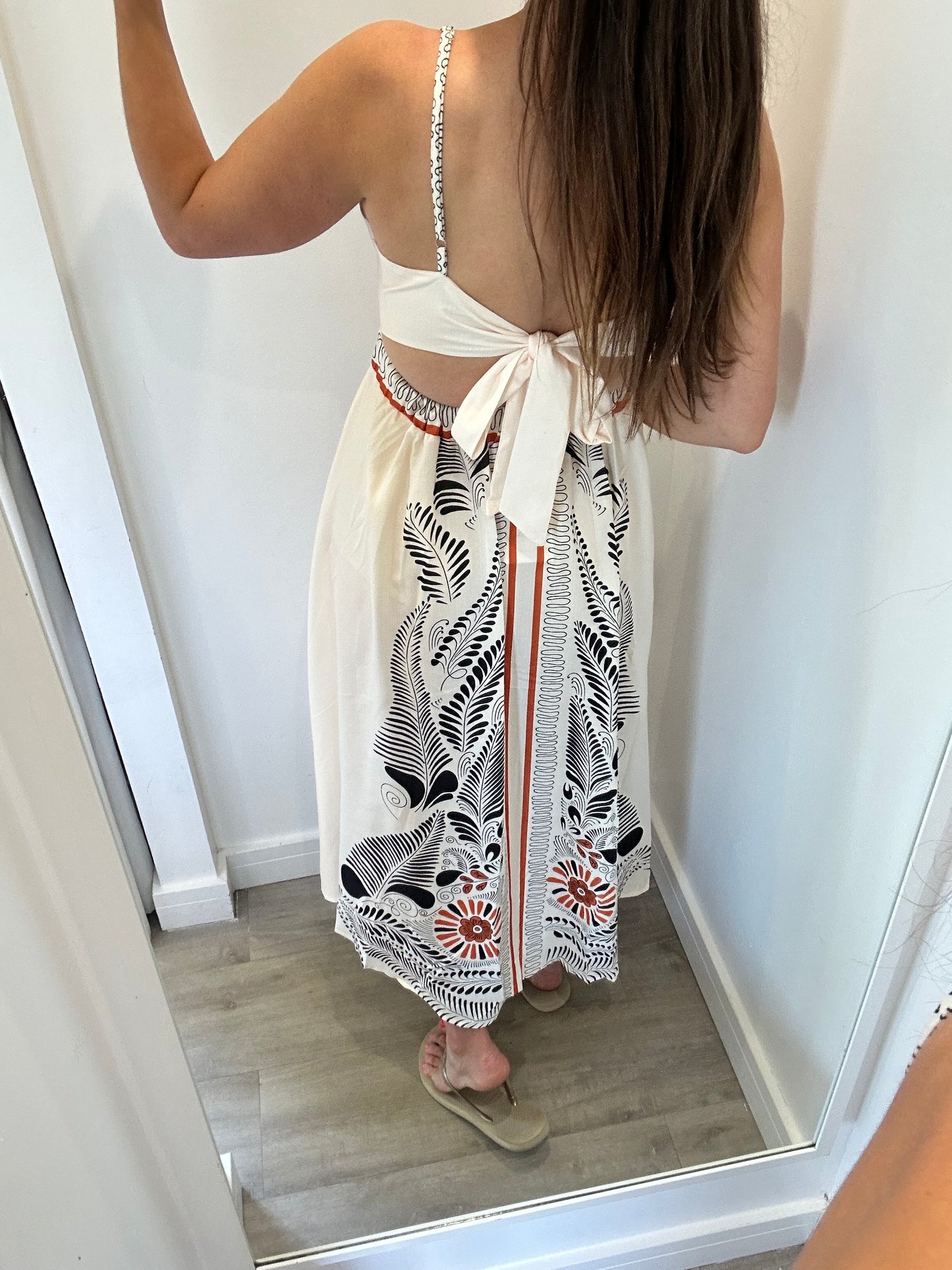 WHITE MAXI DRESS WITH BLACK LEAF PRINT & CORAL TRIM