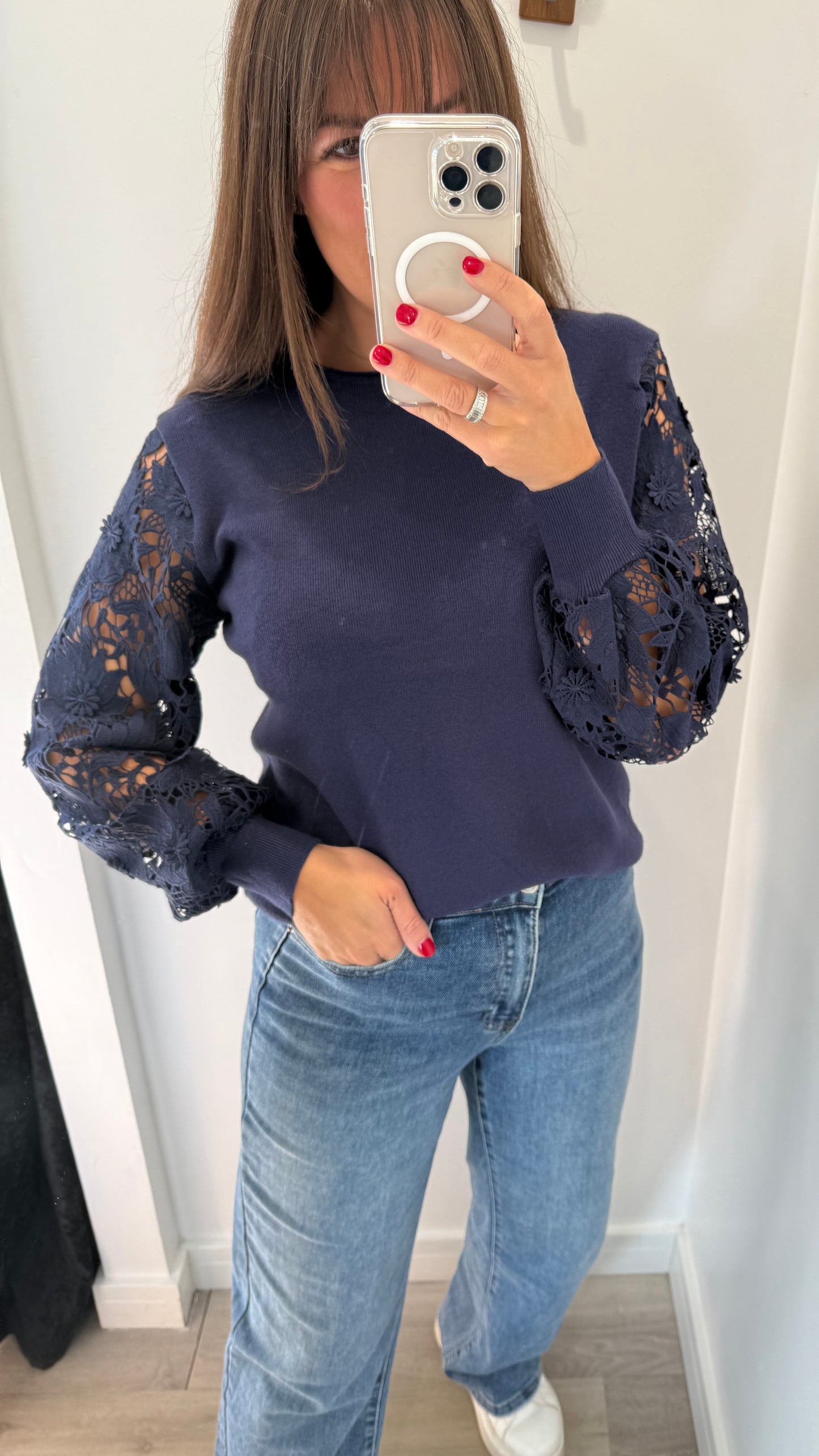 NAVY LACE SLEEVE JUMPER