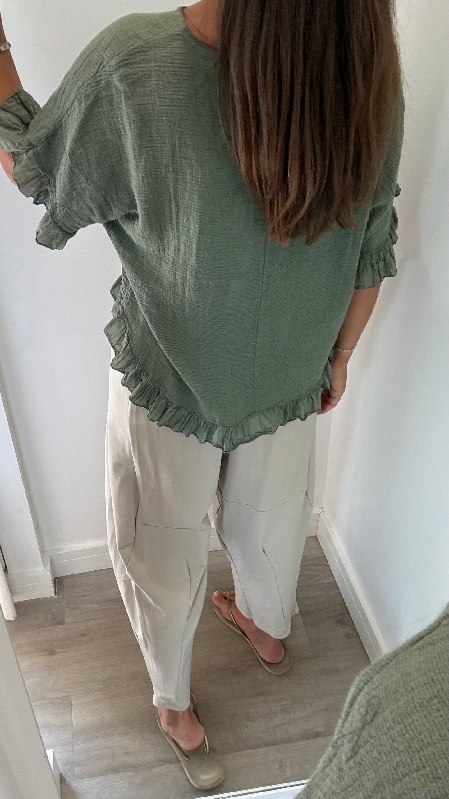 FRILL HEM COTTON TOP – KHAKI