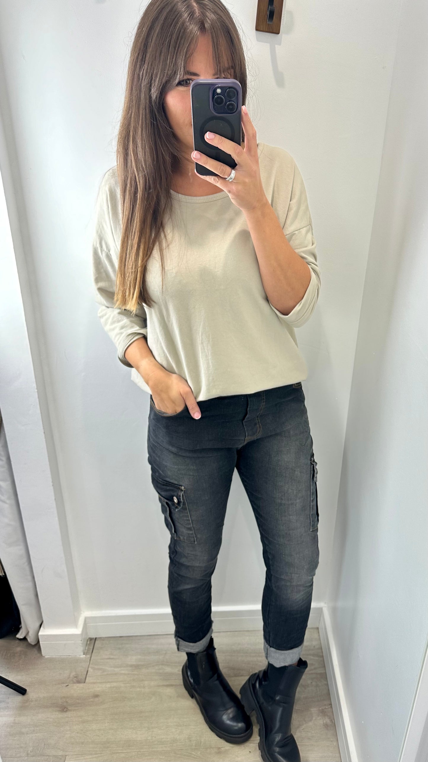 SAND ROLL SLEEVE SWEAT TOP