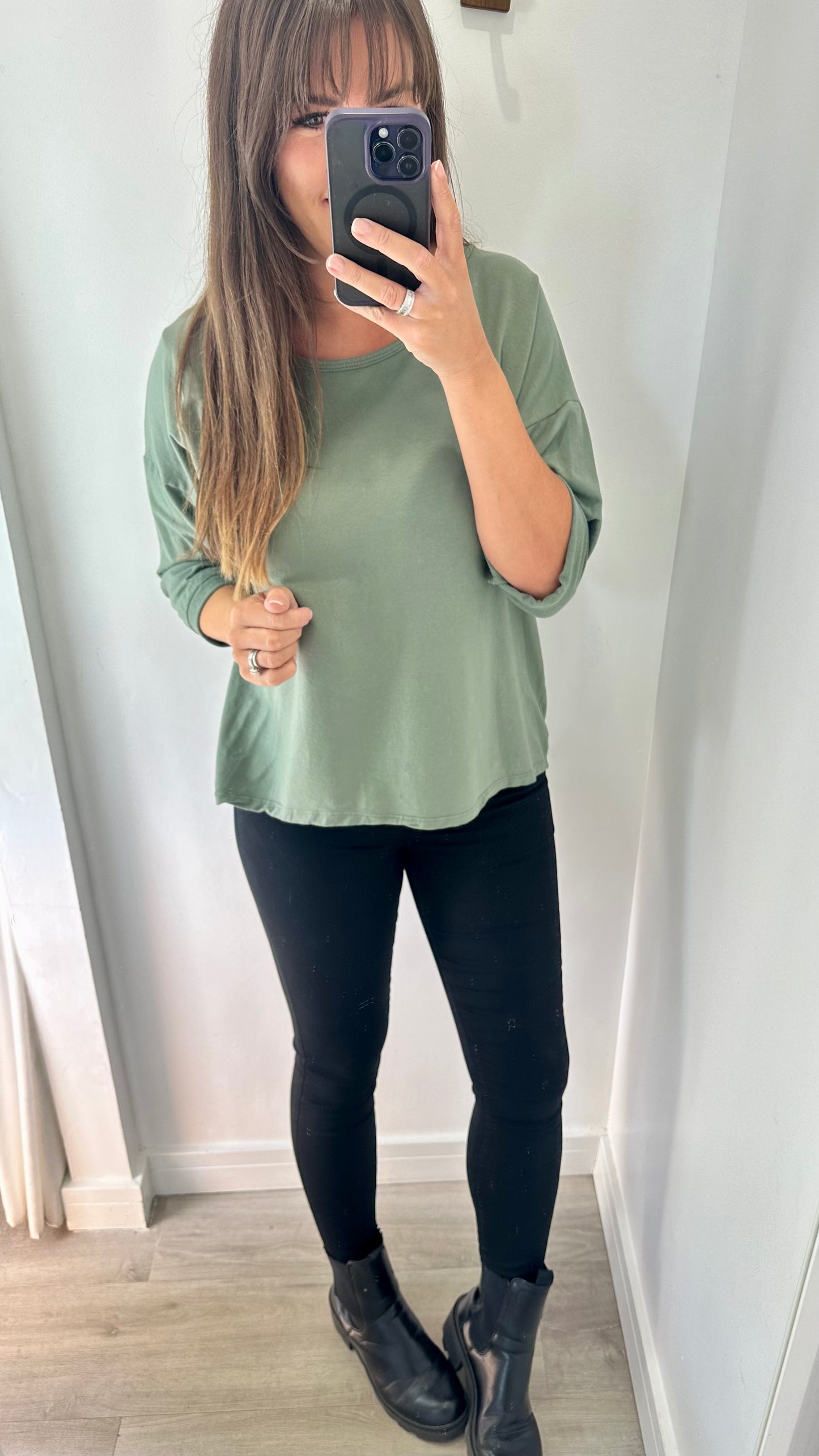 KHAKI ROLL SLEEVE SWEAT TOP