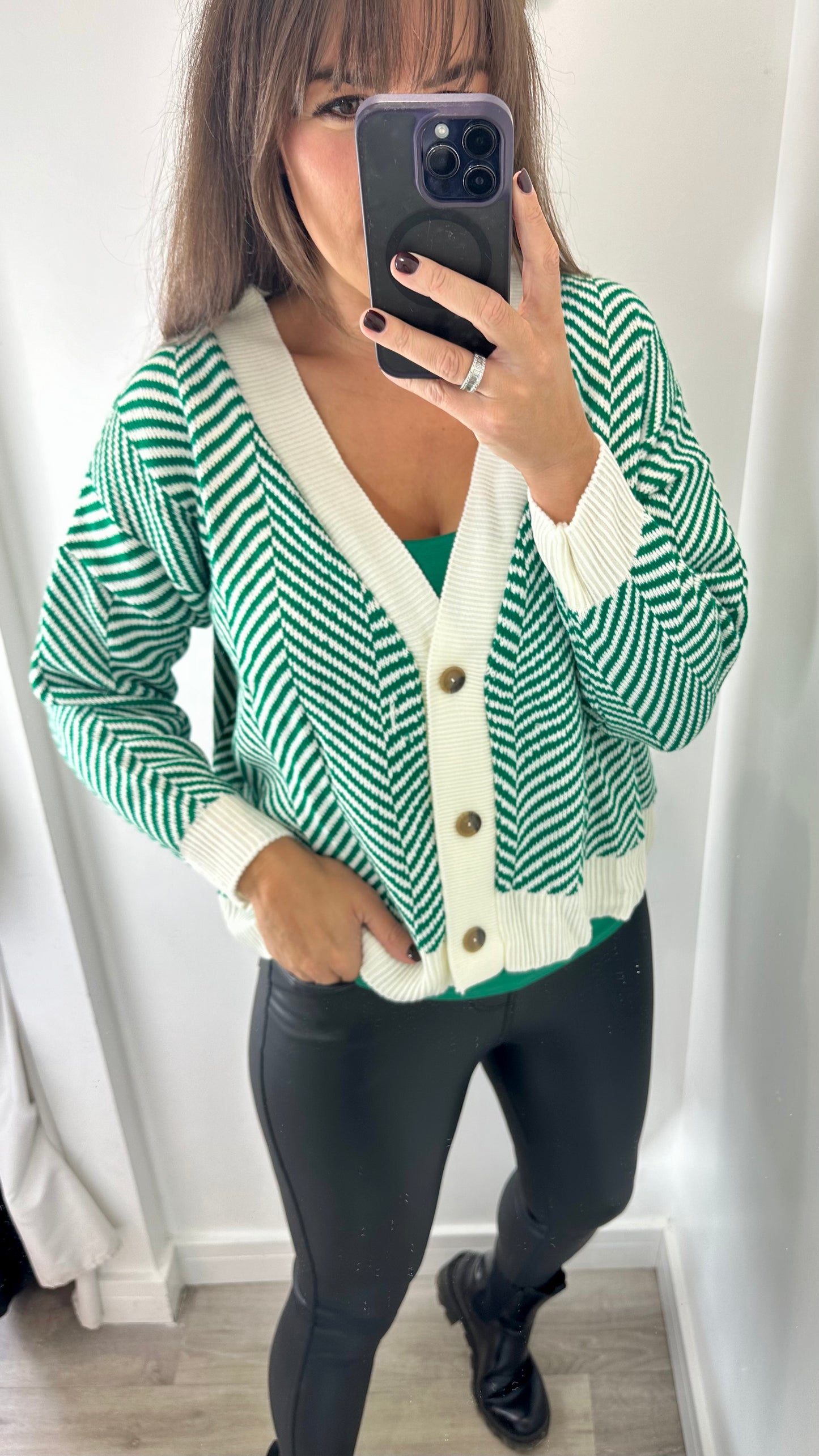 GREEN AND WHITE STRIPE CARDIGAN