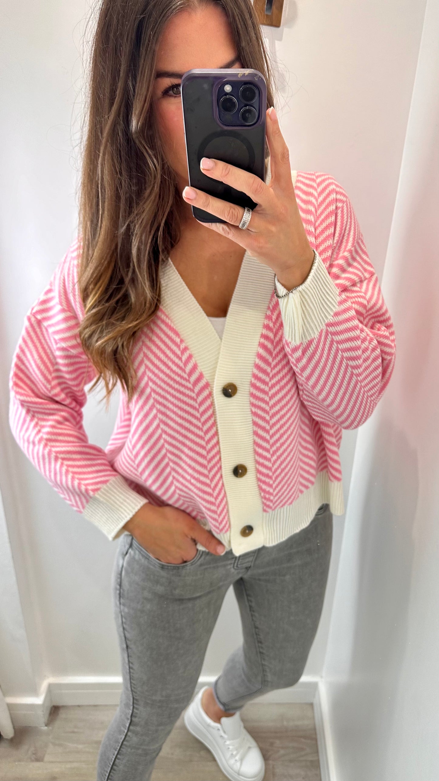 PINK AND WHITE STRIPE CARDIGAN