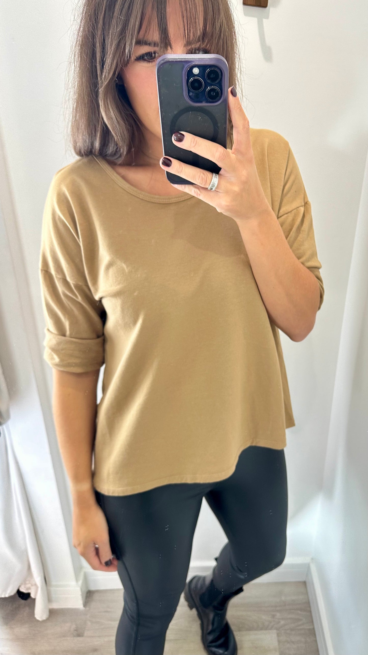 CAMEL ROLL SLEEVE SWEAT TOP