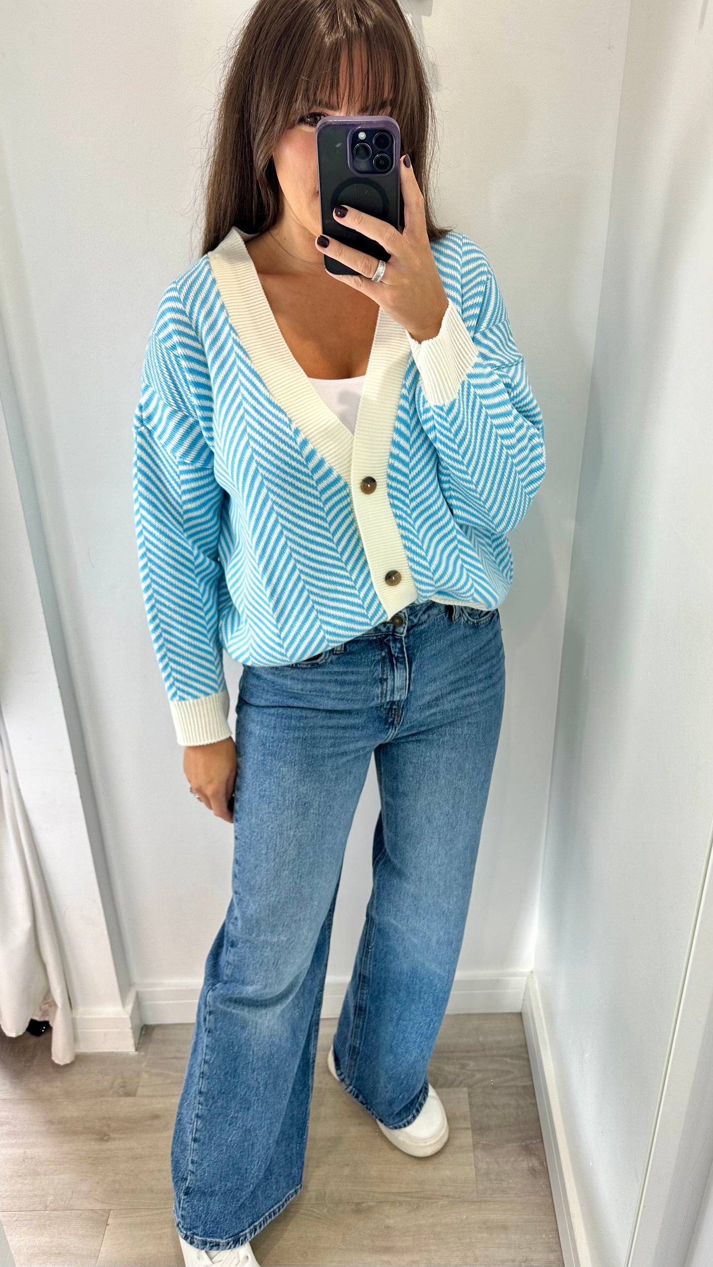 BLUE AND WHITE STRIPE CARDIGAN