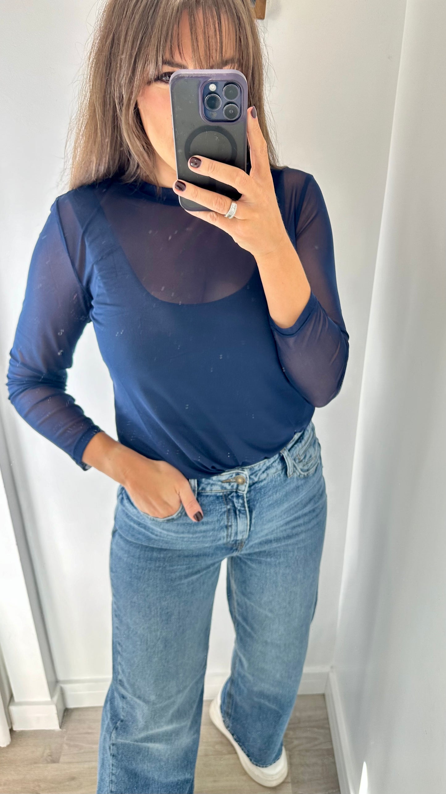 NAVY SHEER TOP
