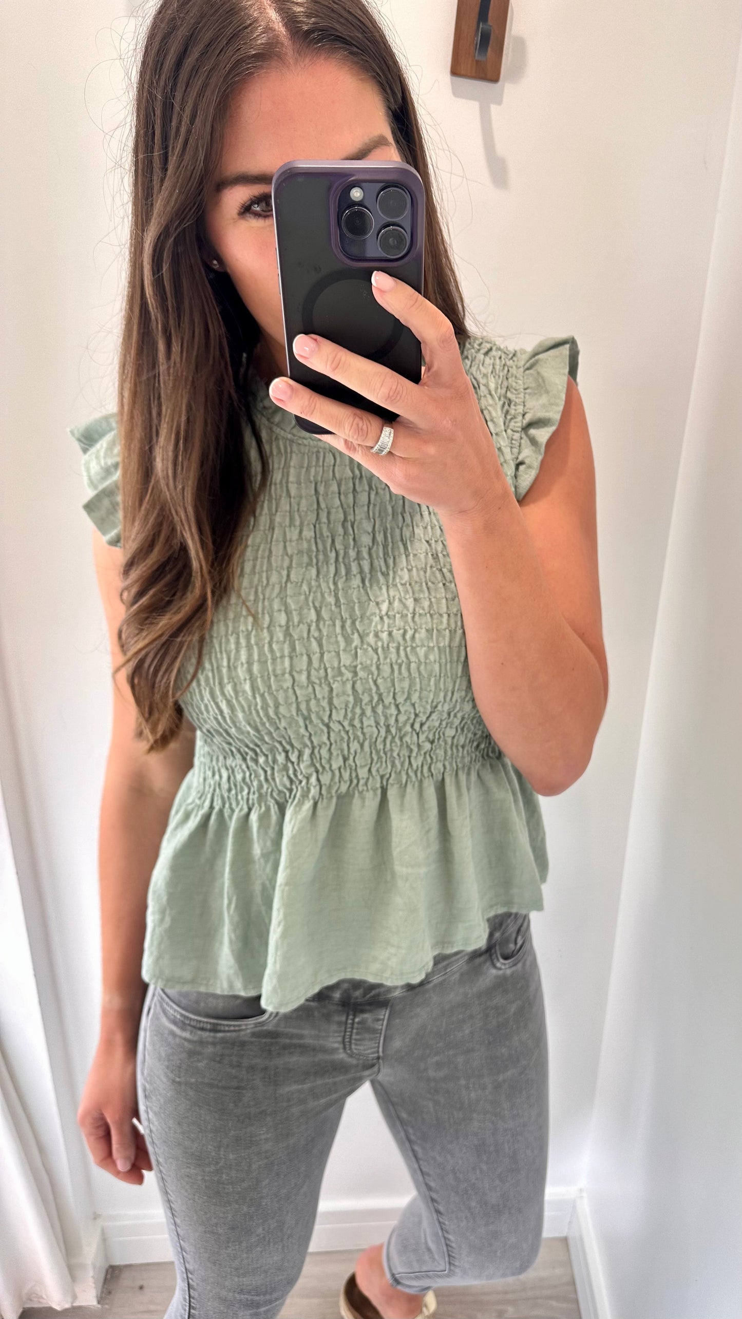 SAGE SHIRRED TOP