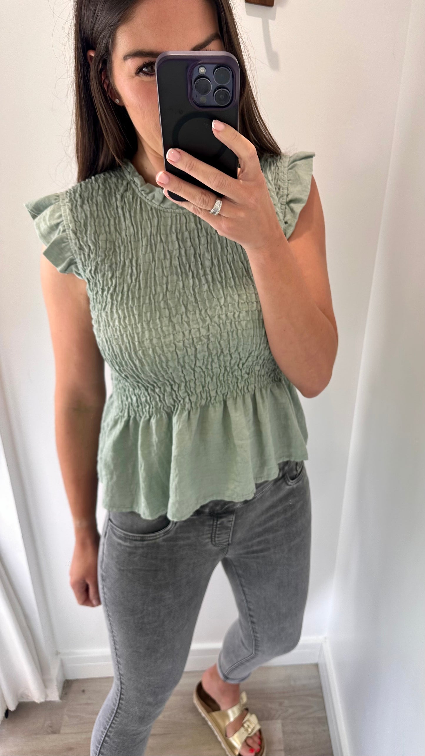 SAGE SHIRRED TOP