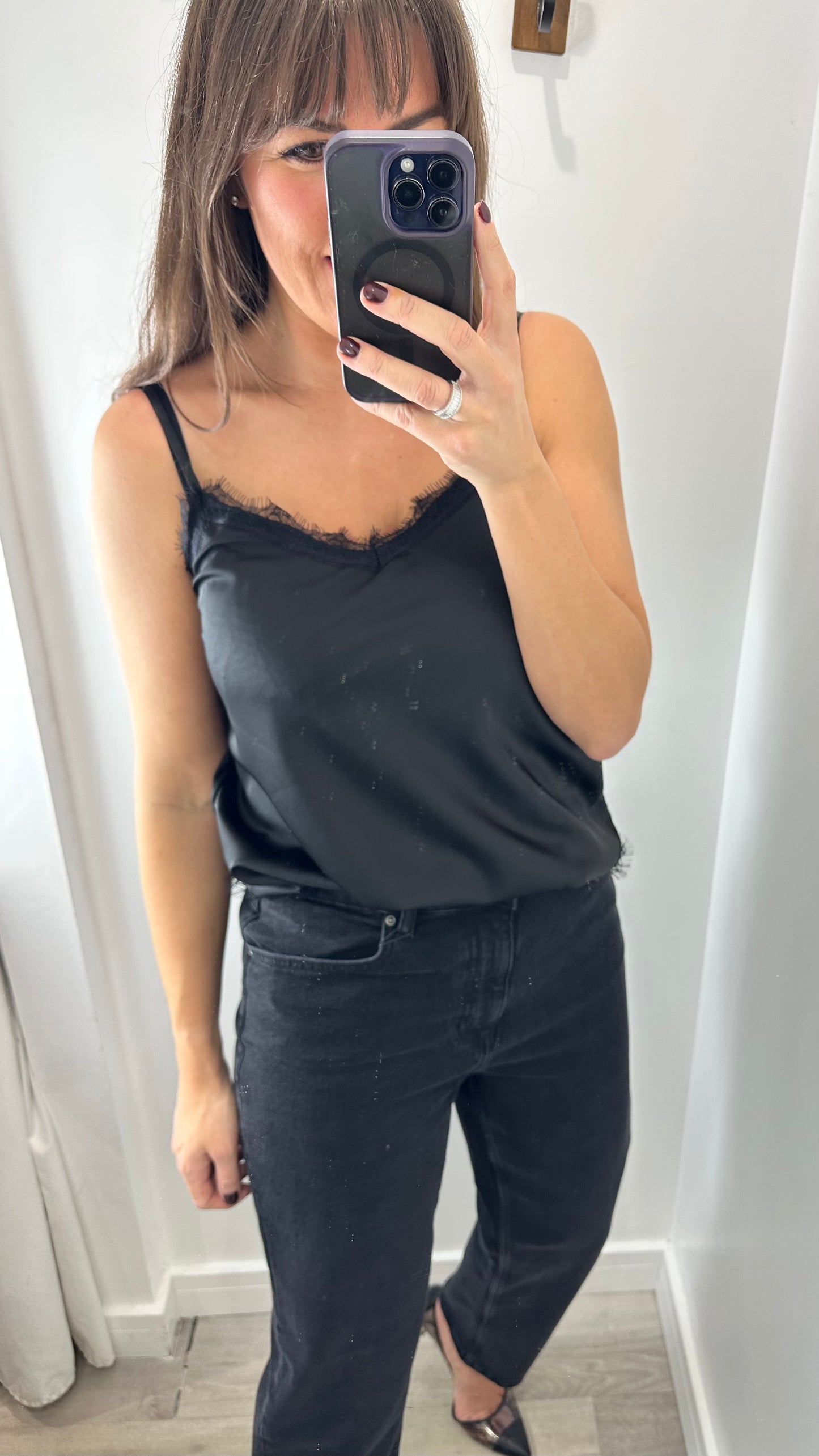 BLACK LACE DETAIL SILK CAMI TOP