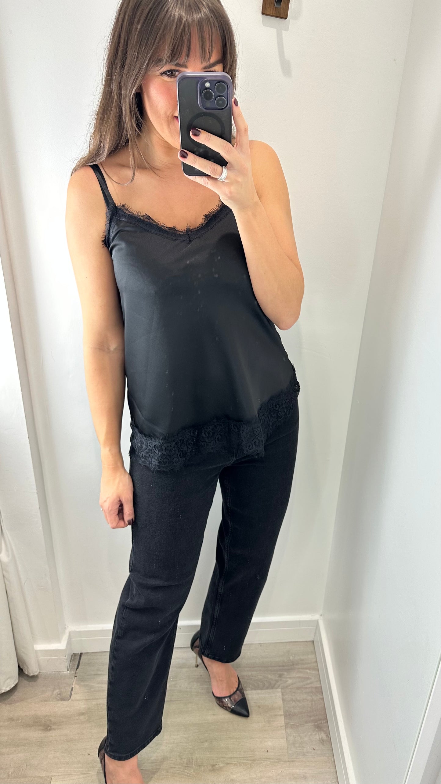 BLACK LACE DETAIL SILK CAMI TOP