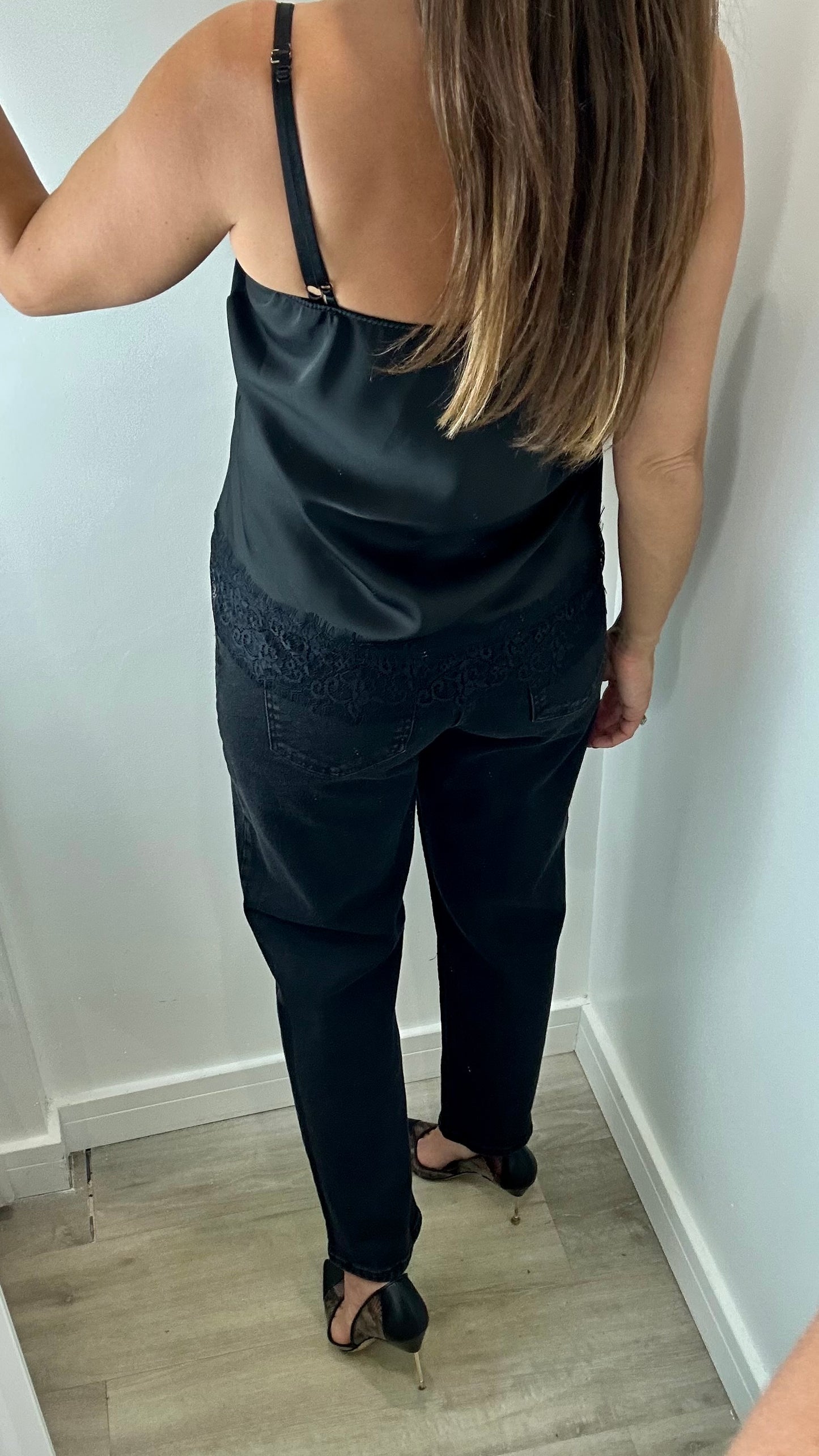 BLACK LACE DETAIL SILK CAMI TOP
