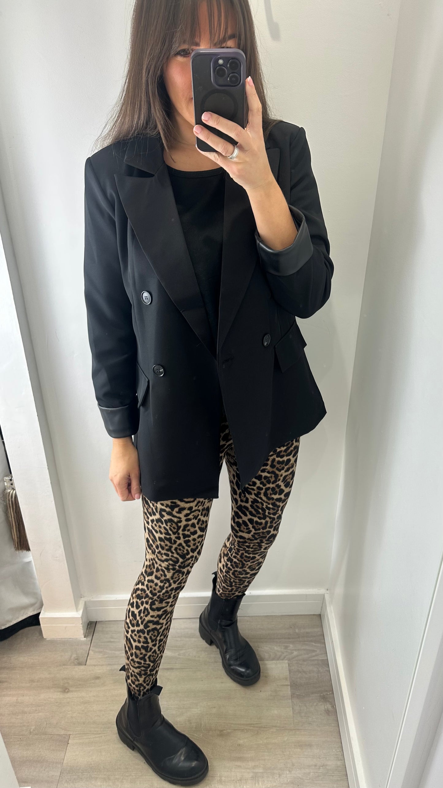 BLACK FAUX LEATHER CUFF BLAZER